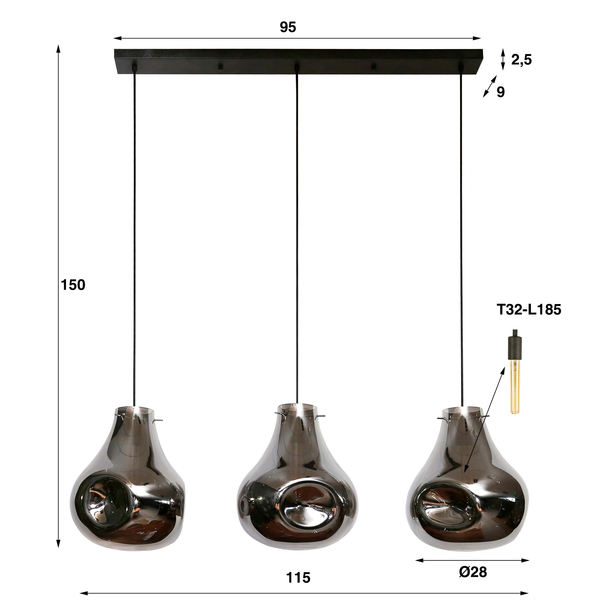 Hanglamp Dent Glass 3 Lichts Artic Zwart