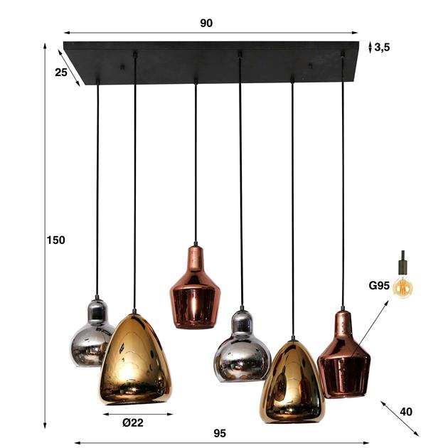 Hanglamp 3+3 mix glass tricolore