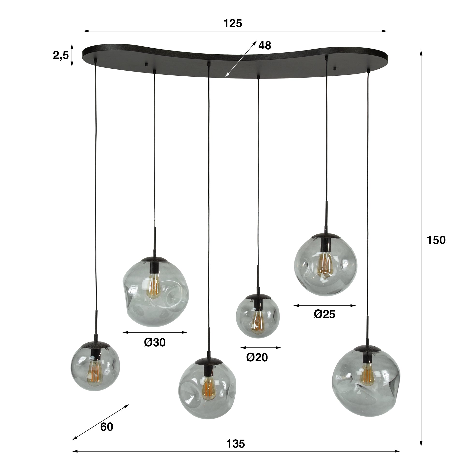 Hanglamp Stellar Black 6 Lichts Artic Zwart