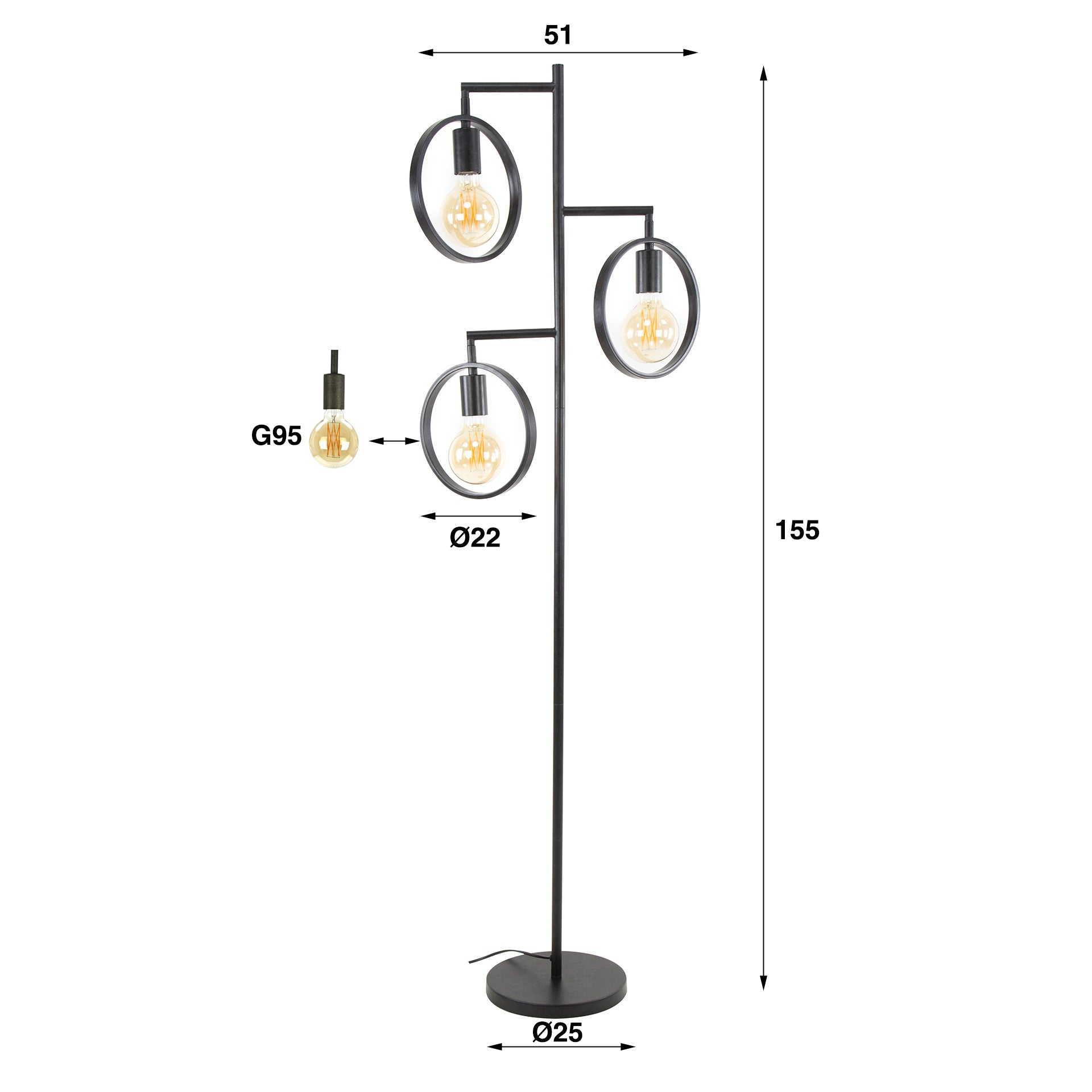 Vloerlamp Ring 3 Lichts Charcoal