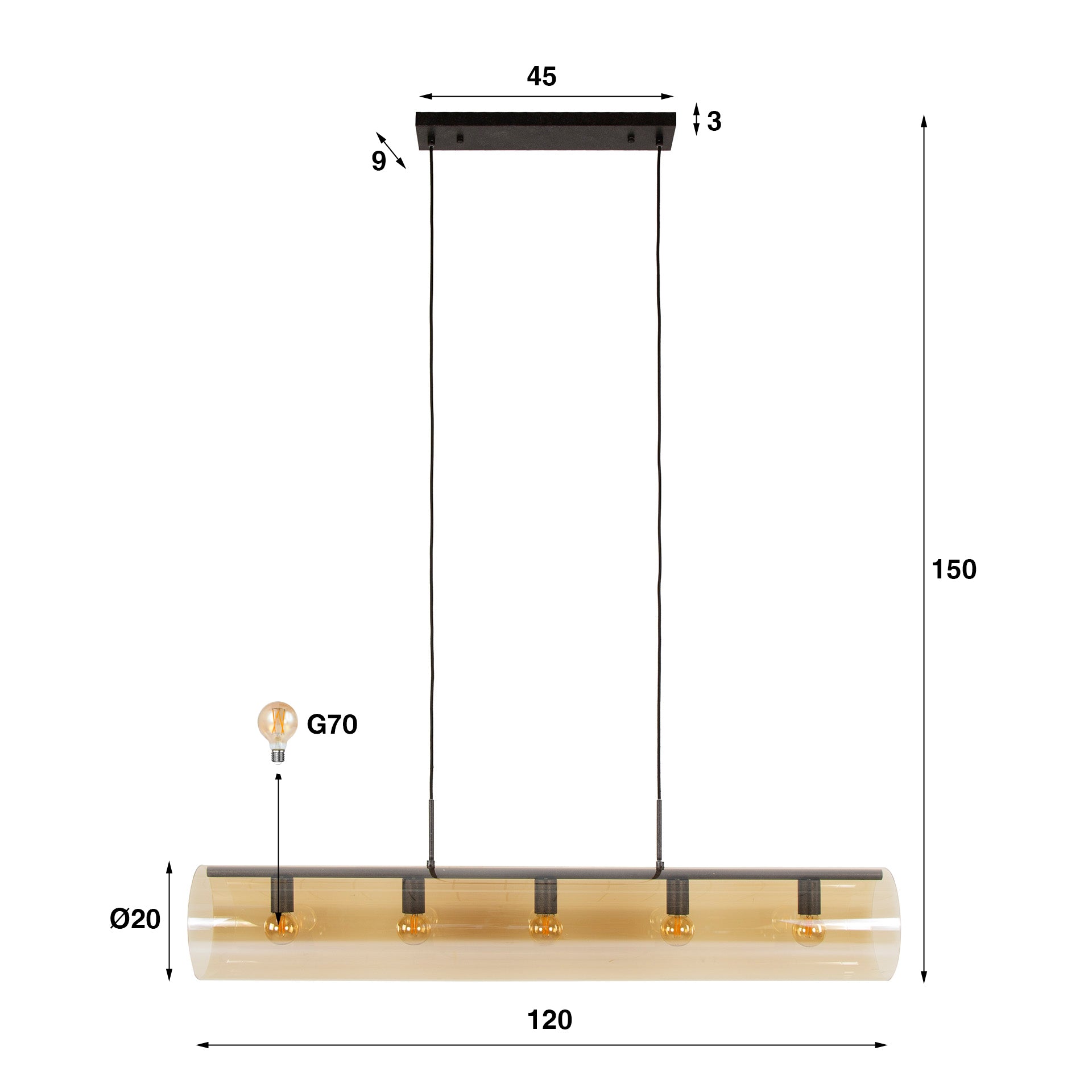 Hanglamp Tube Glass 5 Lichts Artic Zwart