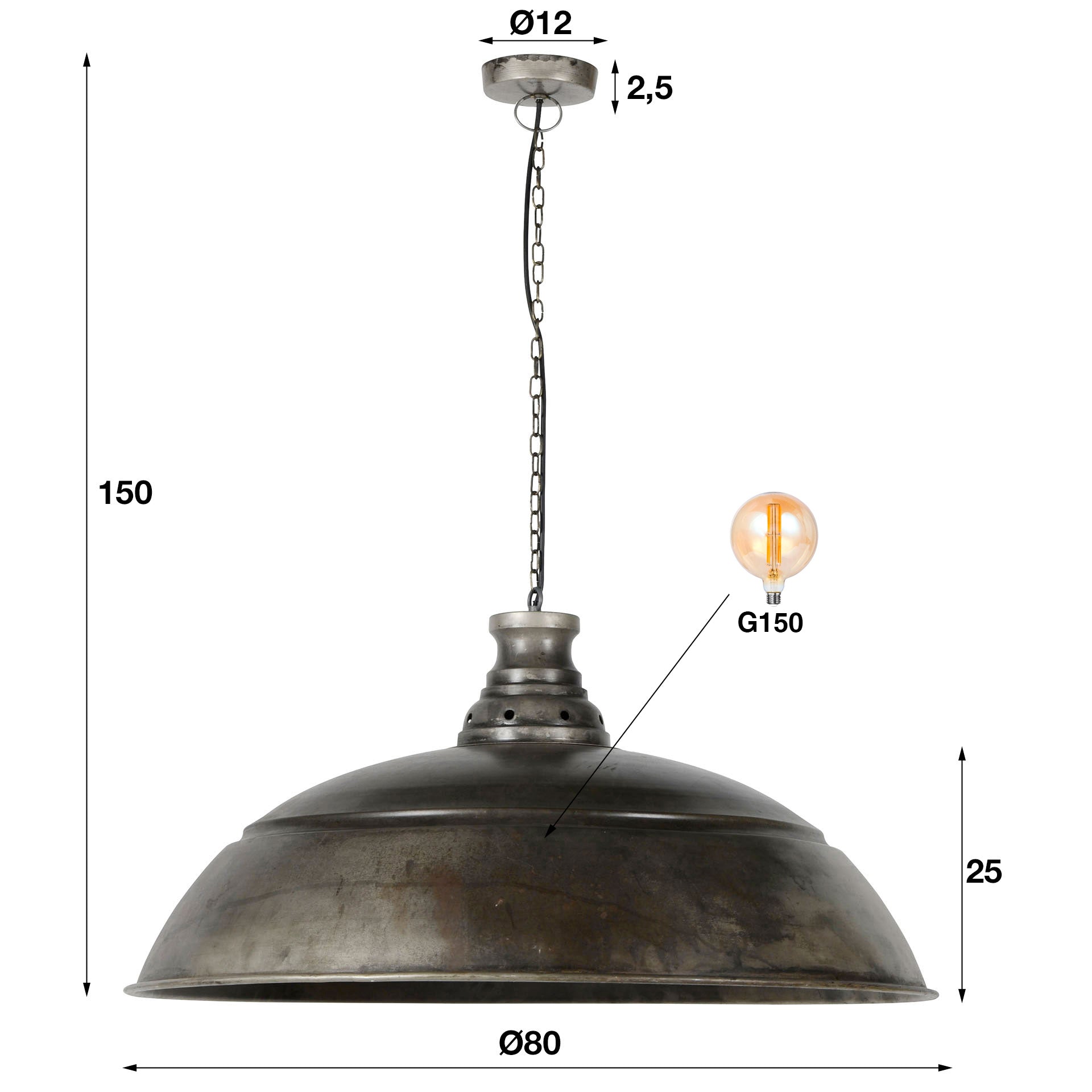 Hanglamp Industry 1 Lichts O80Cm Oud Zilver