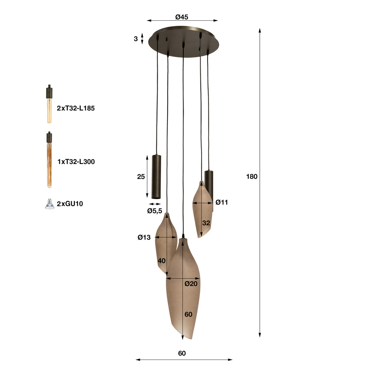 Hanglamp Cocoon pendel getrapt 5-lichts / Sienna bruin-frosted