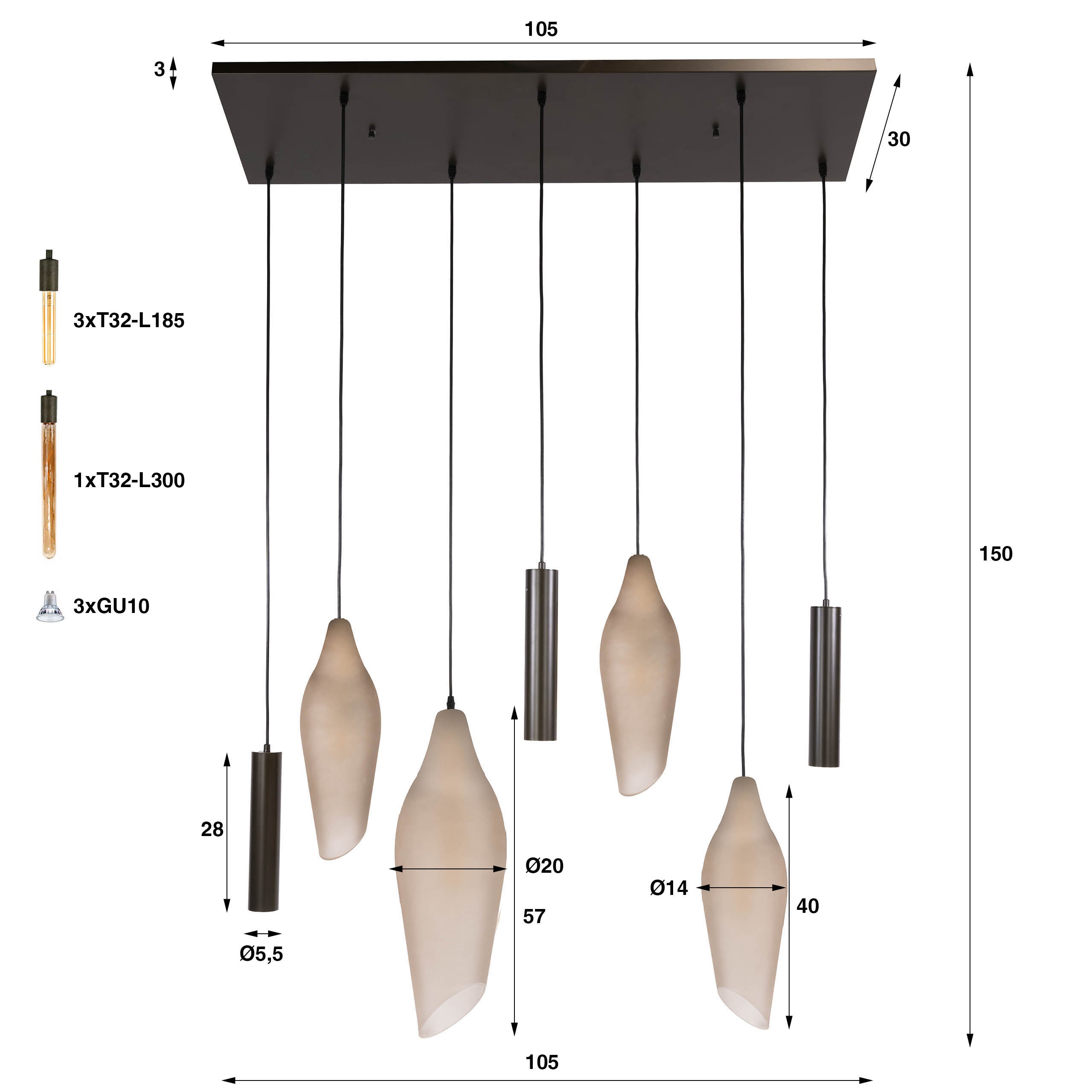 Hanglamp Cocoon pendel 4+3-lichts / Sienna bruin-frosted