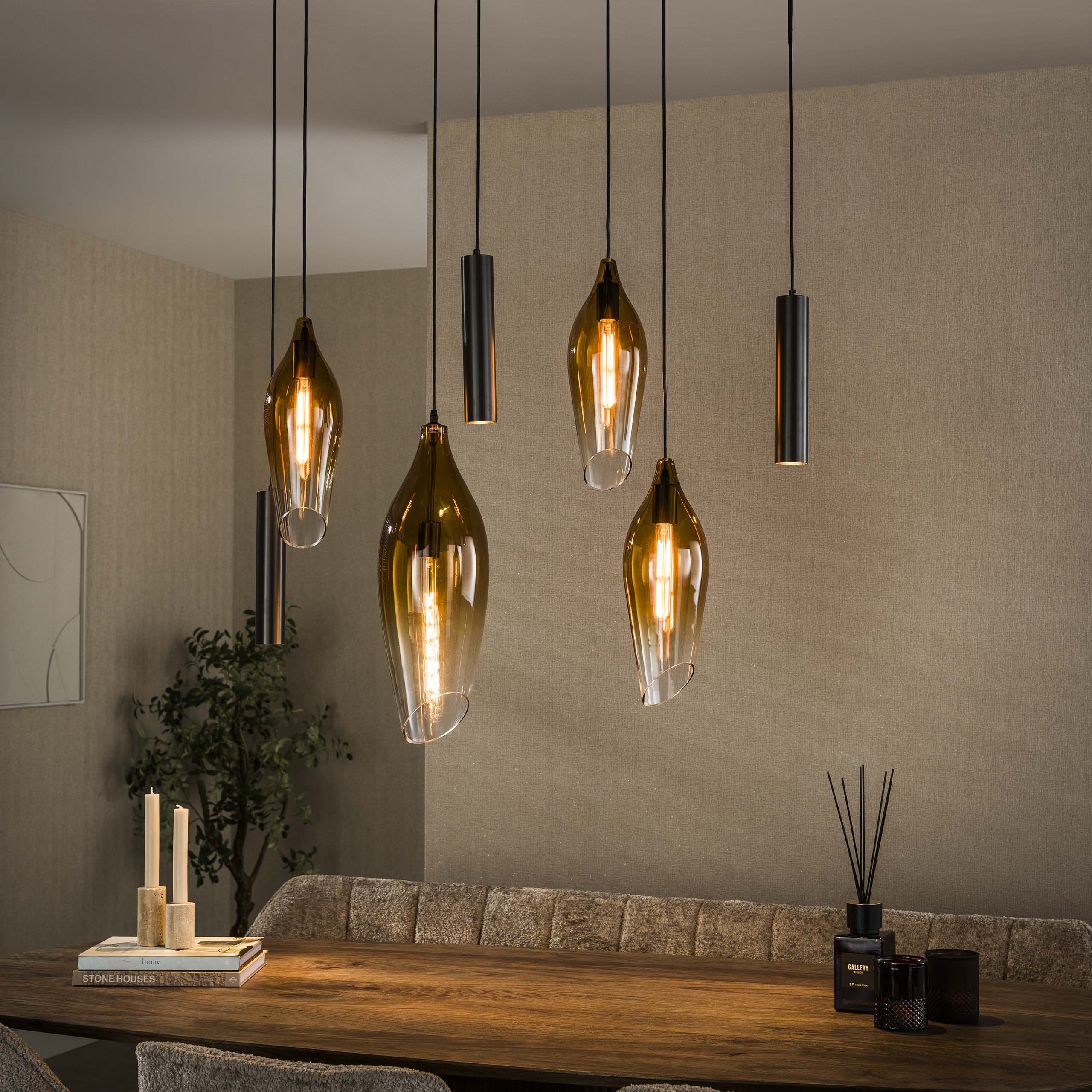 Hanglamp Cocoon pendel 4+3-lichts / Sienna bruin-shaded