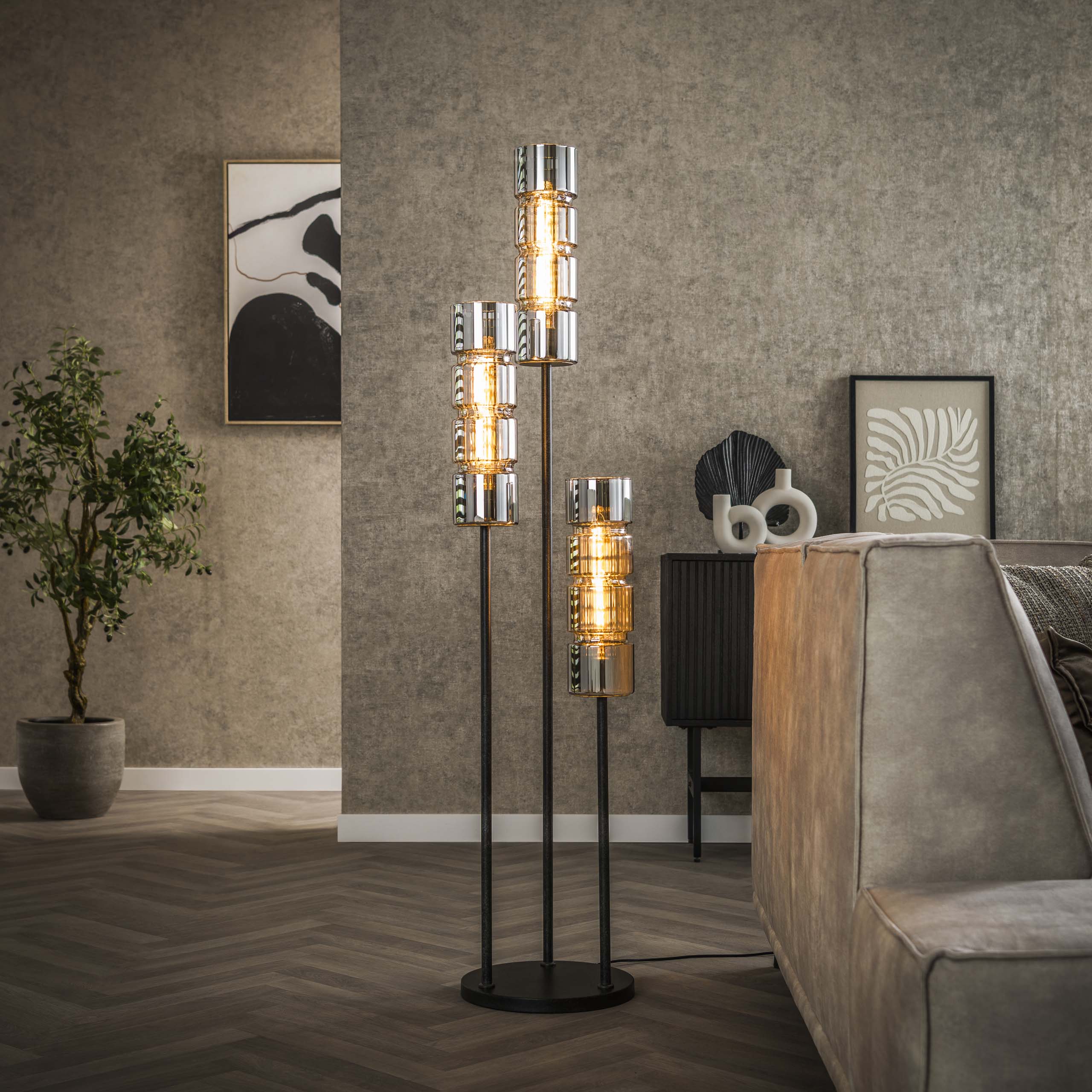 Vloerlamp Cylinder Glass getrapt 3-lichts / Artic zwart