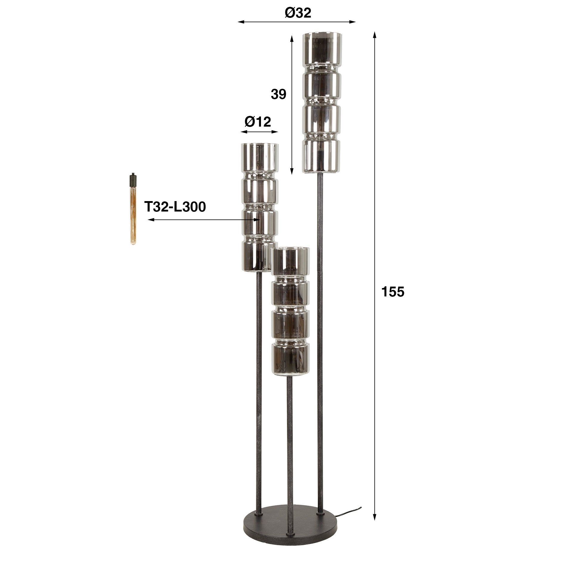 Vloerlamp Cylinder Glass Getrapt 3 Lichts Artic Zwart