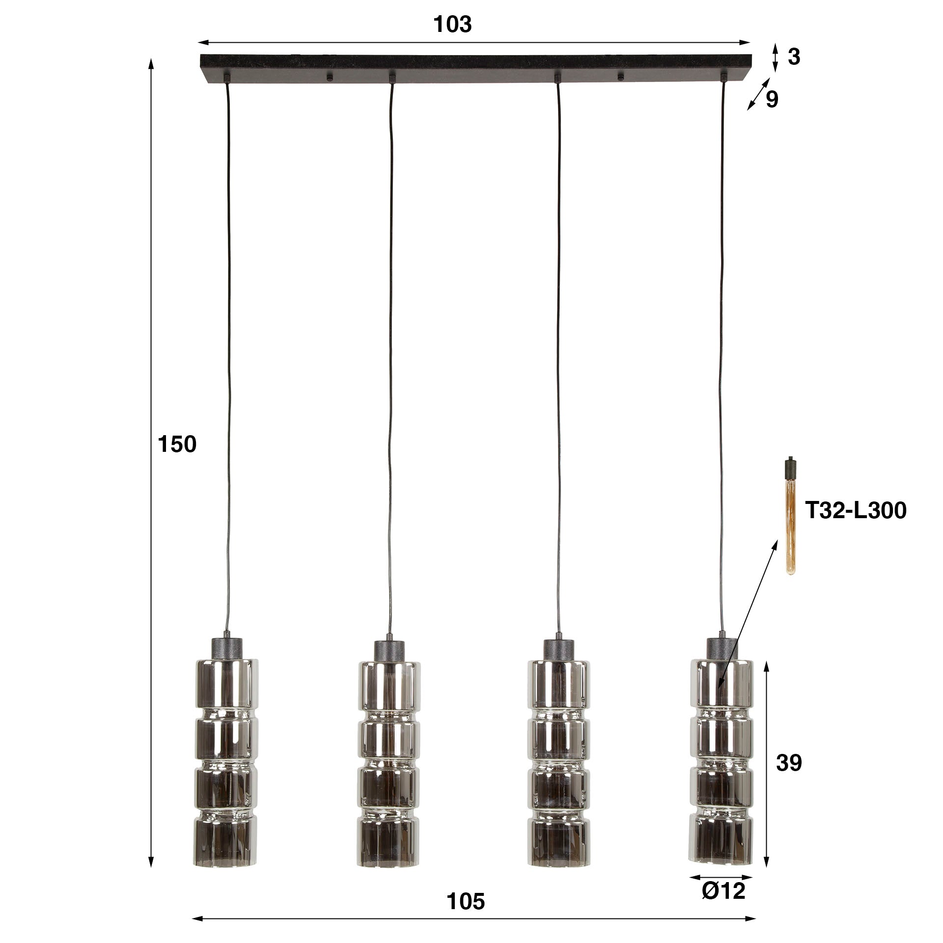Hanglamp Cylinder Glass 4 Lichts Artic Zwart