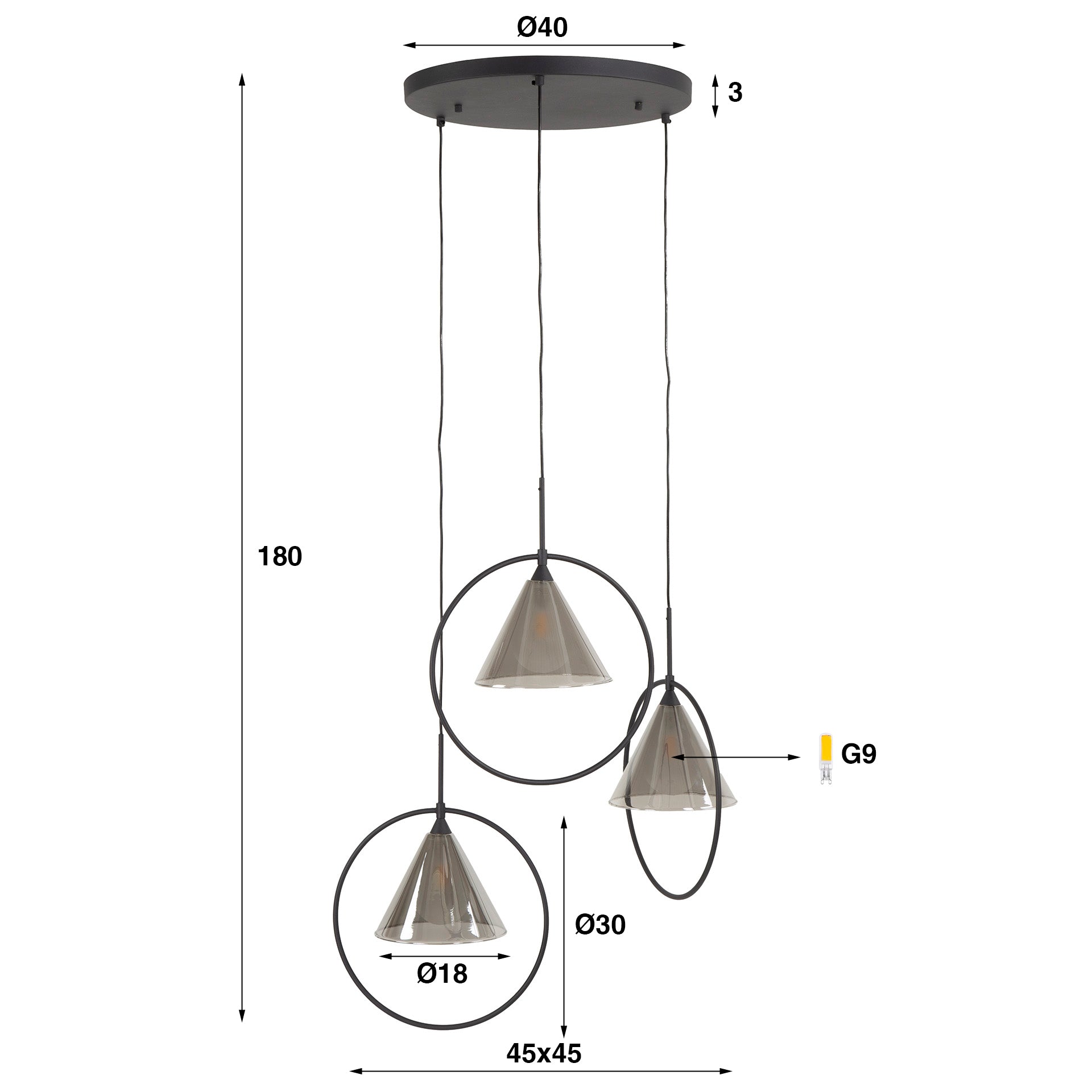 Hanglamp Conic Getrapt 3 Lichts Smoke Grey Glas