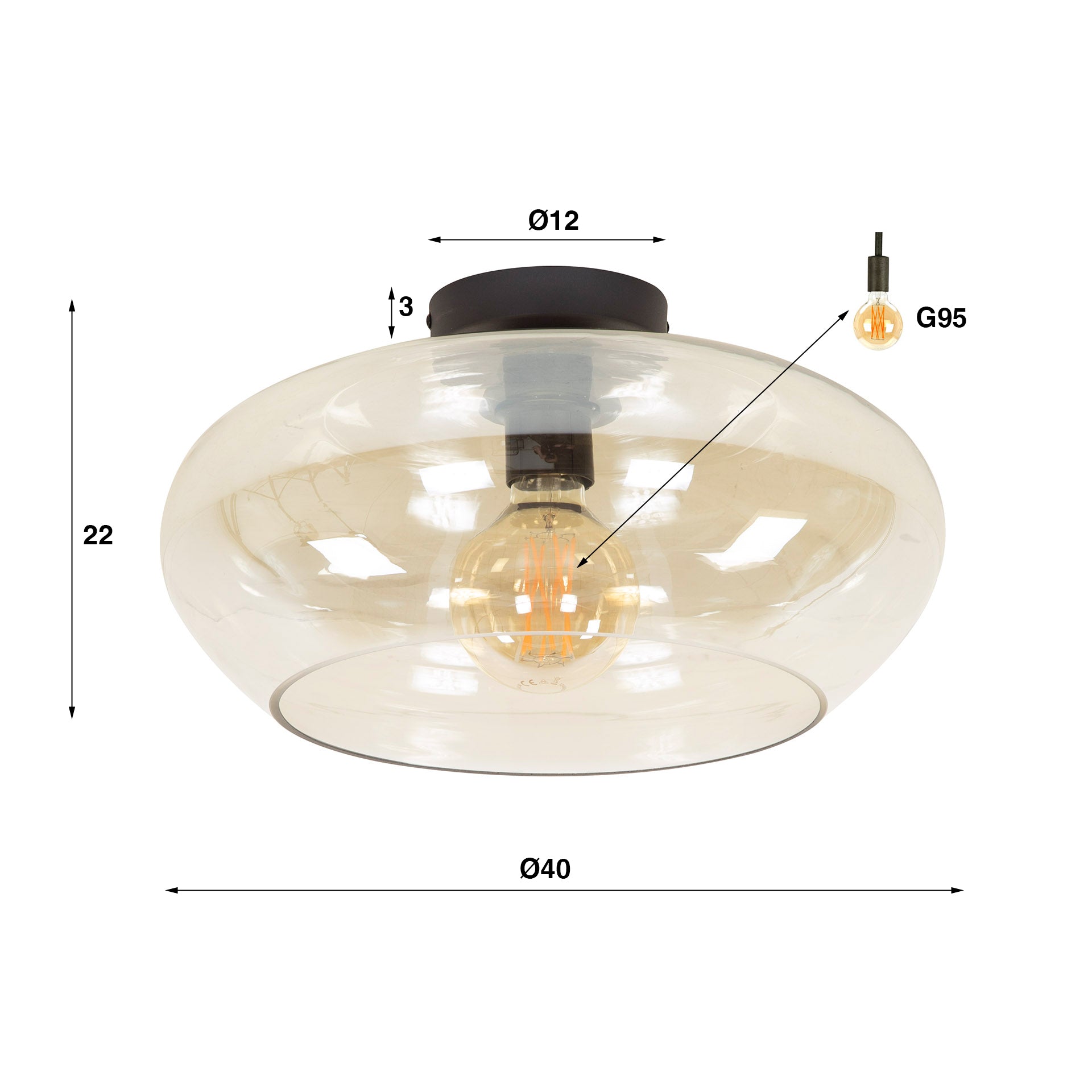 Plafondlamp Elevate 1 Lichts Amber Glas