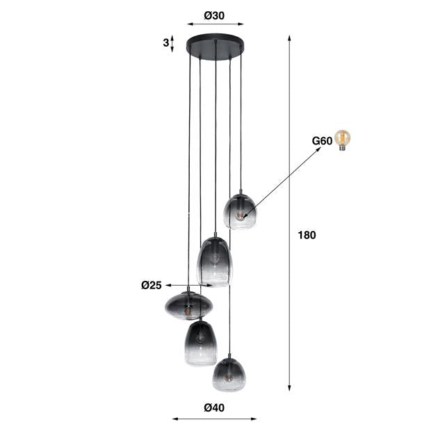 Hanglamp 5L getrapt mix glass shaded