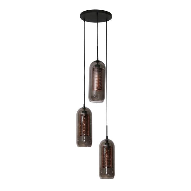 Hanglamp 3L getrapt smoke glas-geperforeerd staal