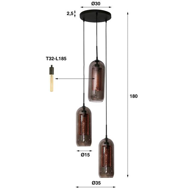 Hanglamp 3L getrapt smoke glas-geperforeerd staal