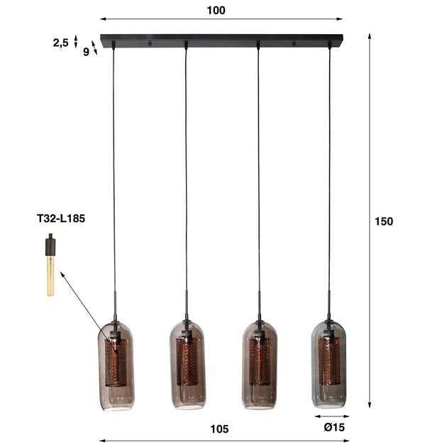 Hanglamp 4L smoke glas-geperforeerd staal