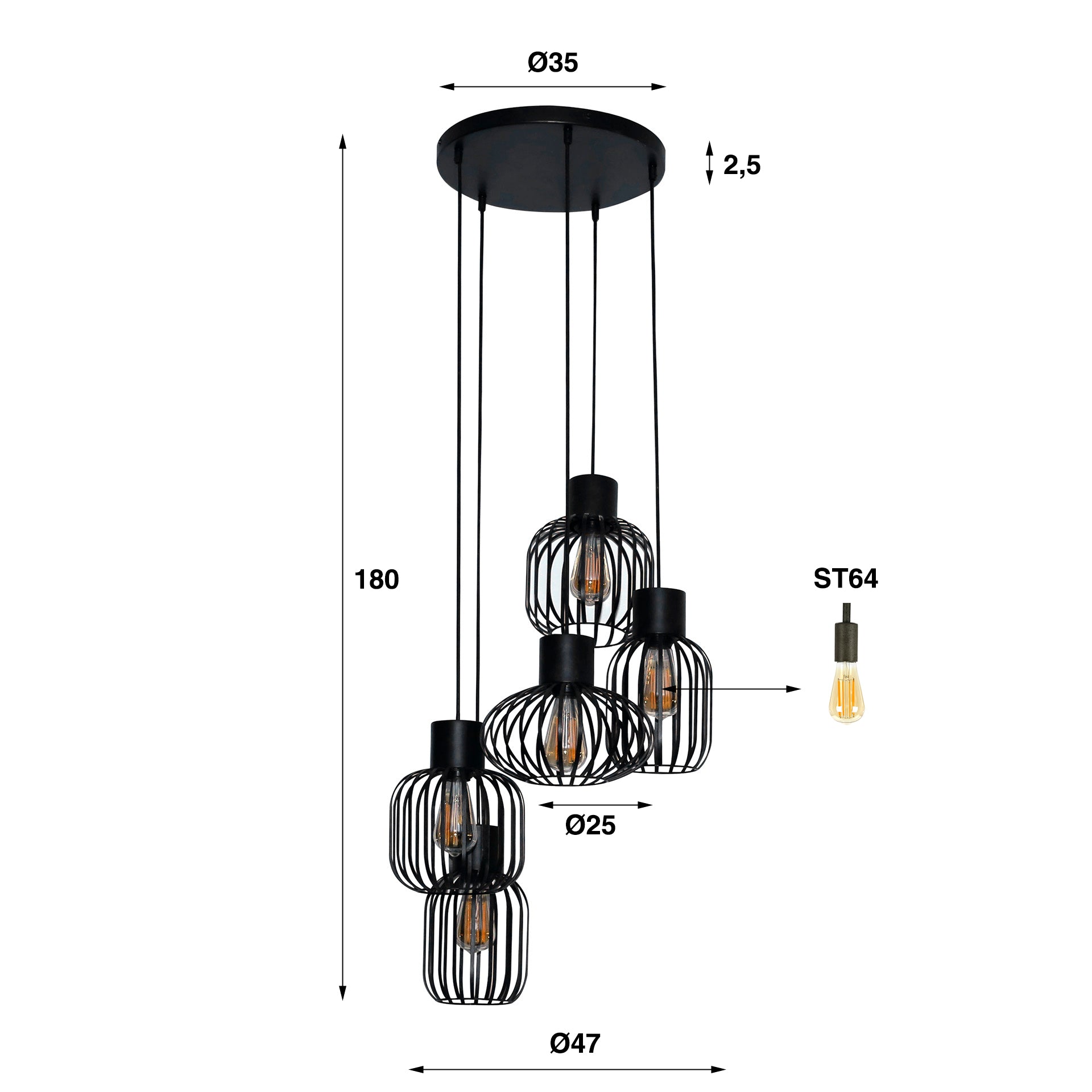 Hanglamp Mix Metal Getrapt 5 Lichts Charcoal