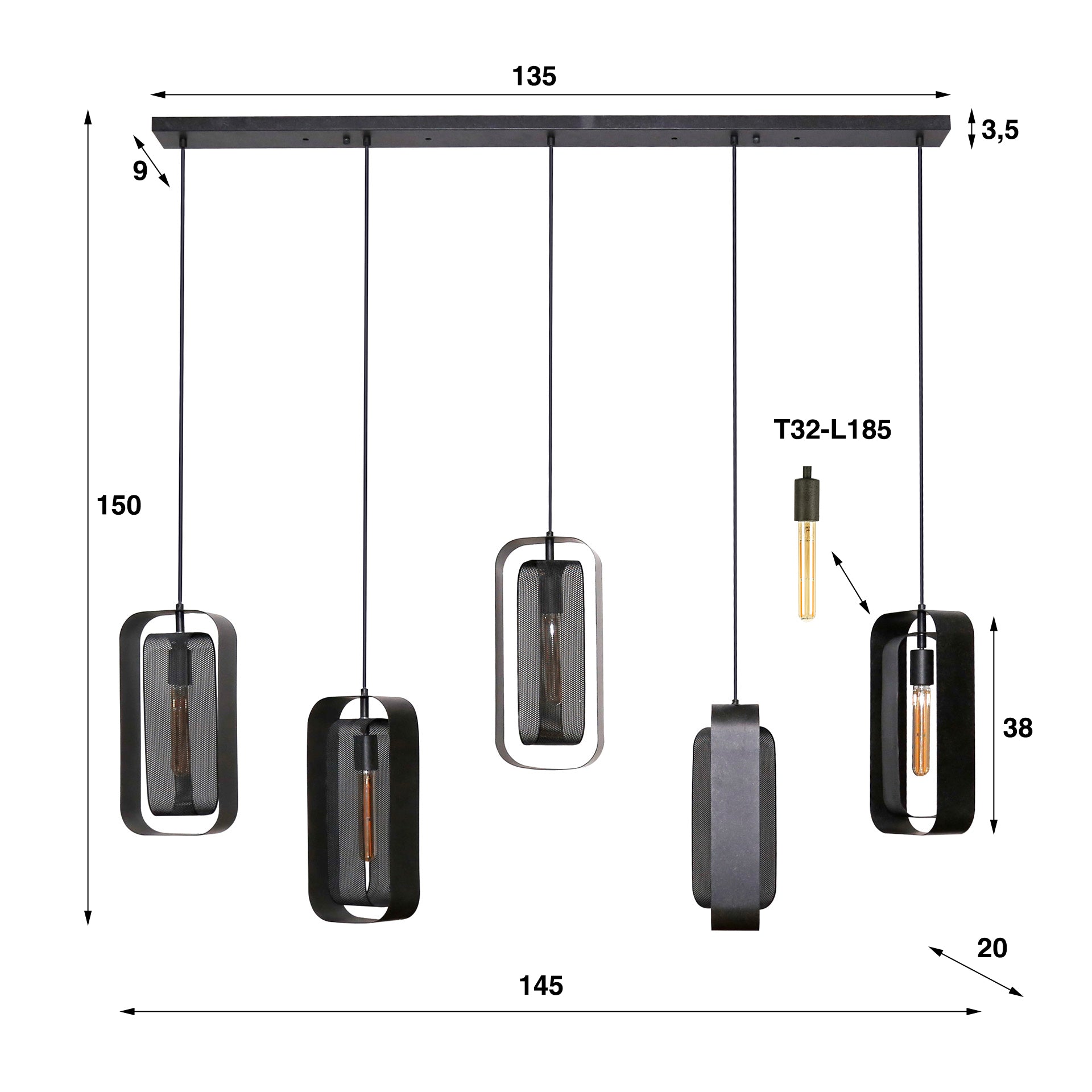 Hanglamp Mesh Rotate 5 Lichts Artic Zwart