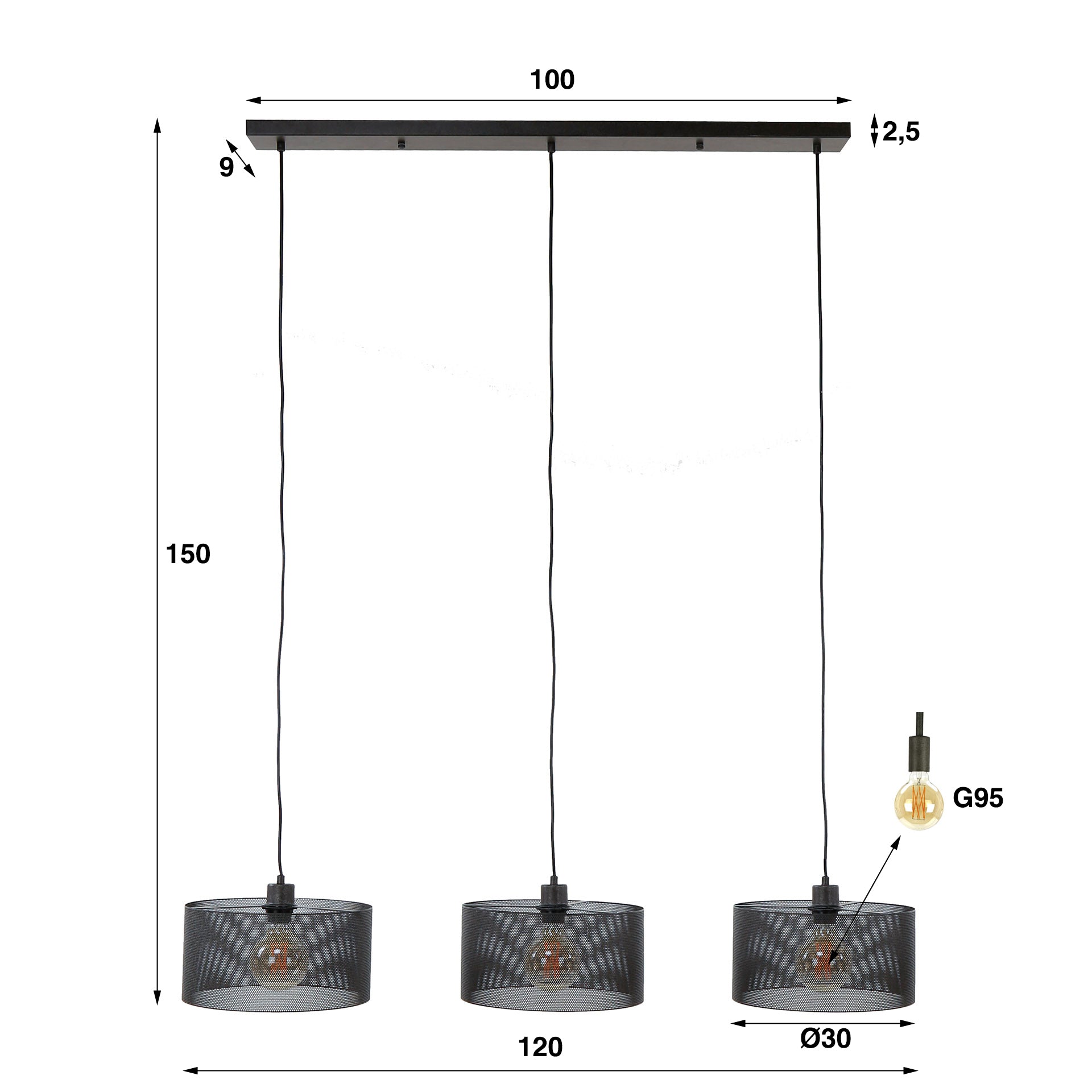 Hanglamp Mesh Round 3 Lichts Artic Zwart