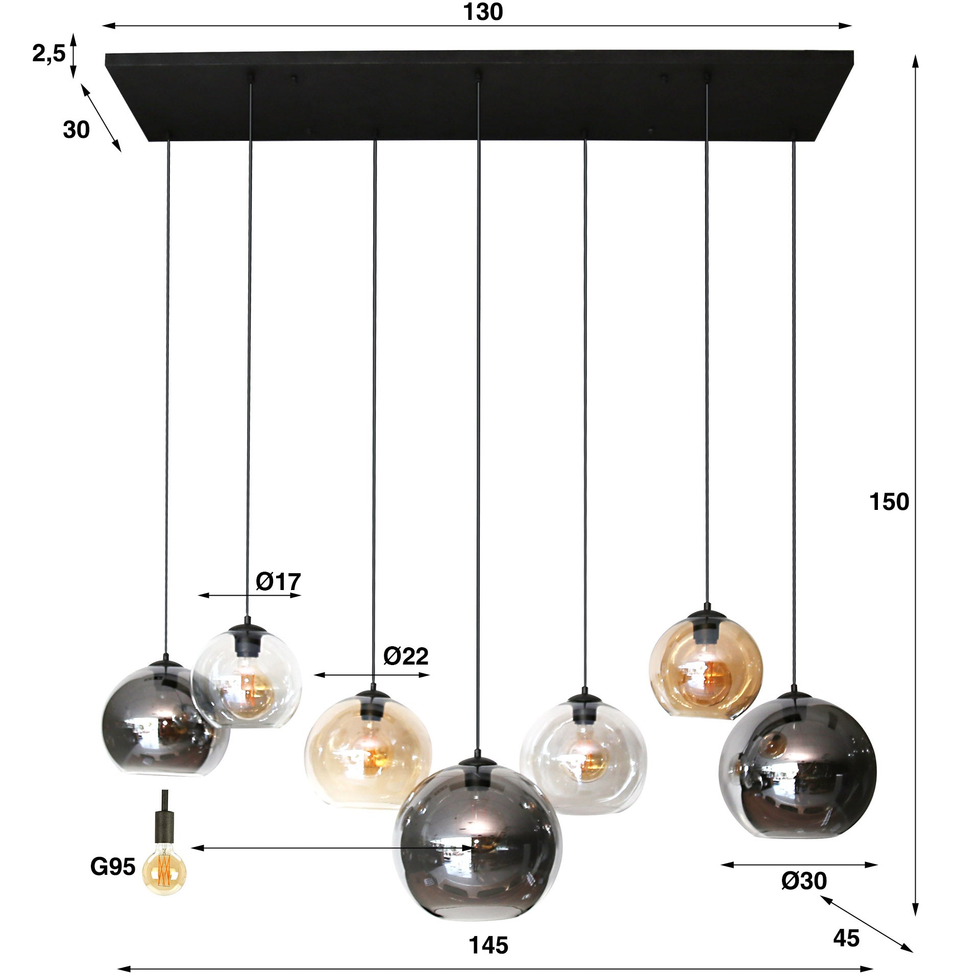 Hanglamp Multi Globe 4 3 Lichts Artic Zwart