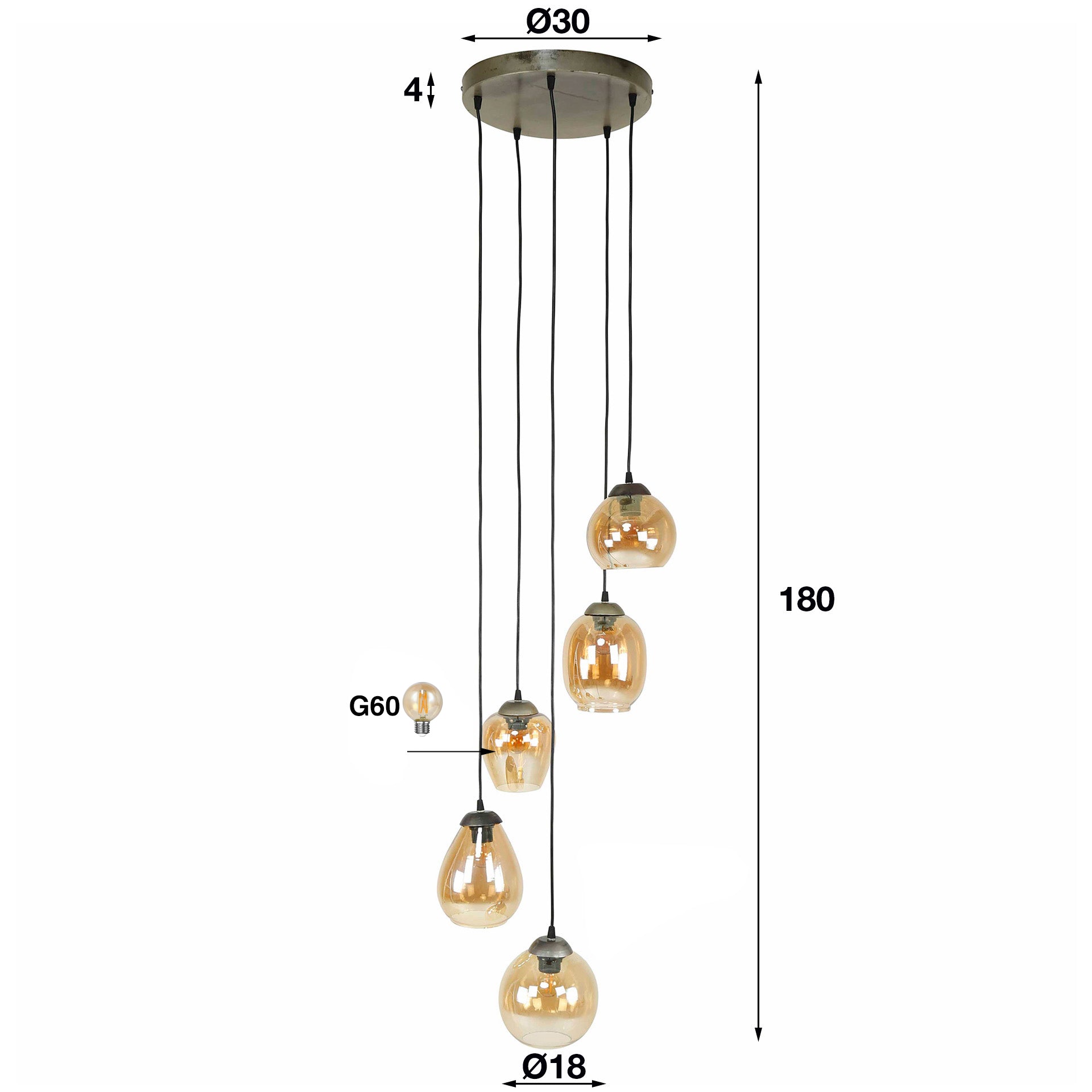 Hanglamp Mix Getrapt 5 Lichts Amber Glas