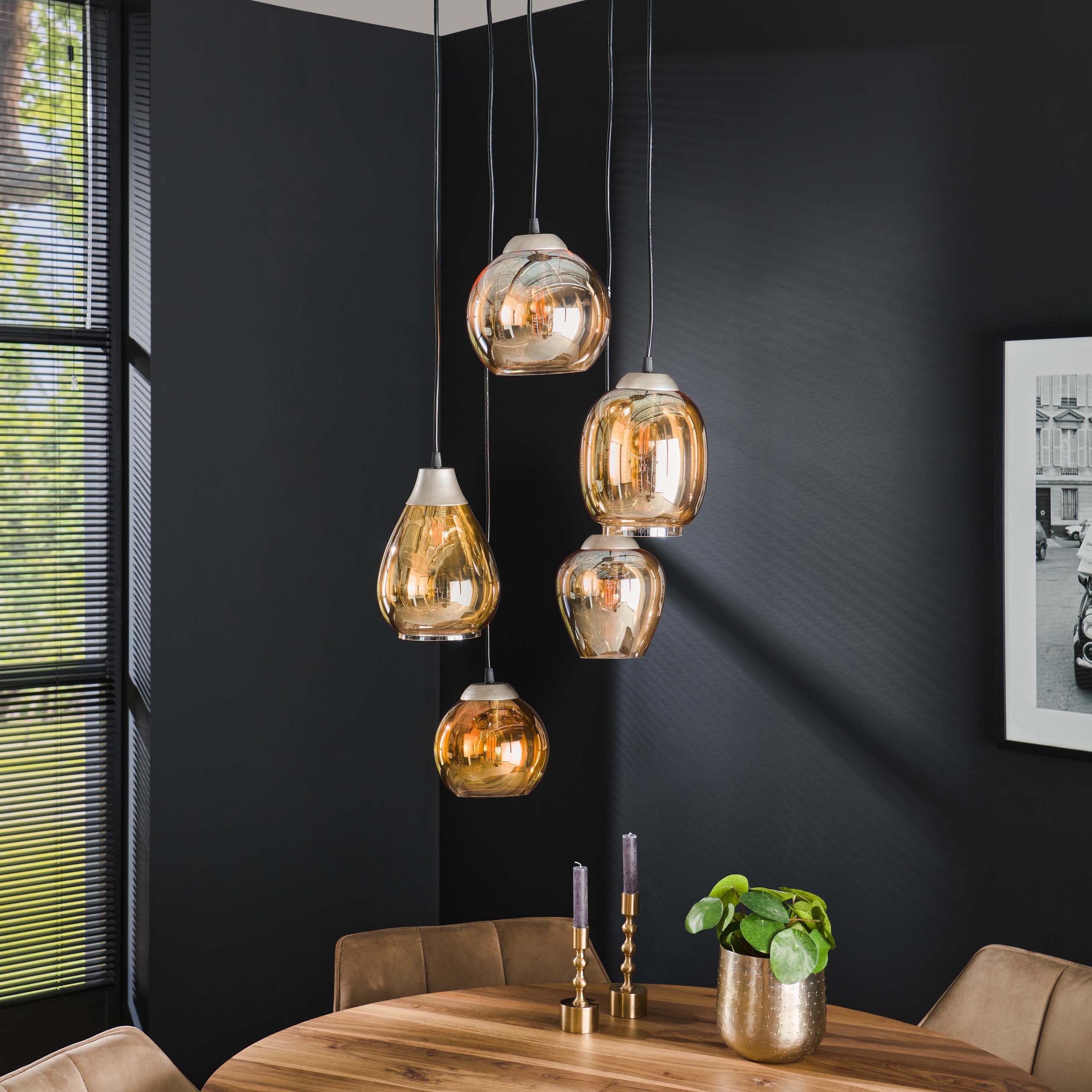 Hanglamp Mix Getrapt 5 Lichts Amber Glas
