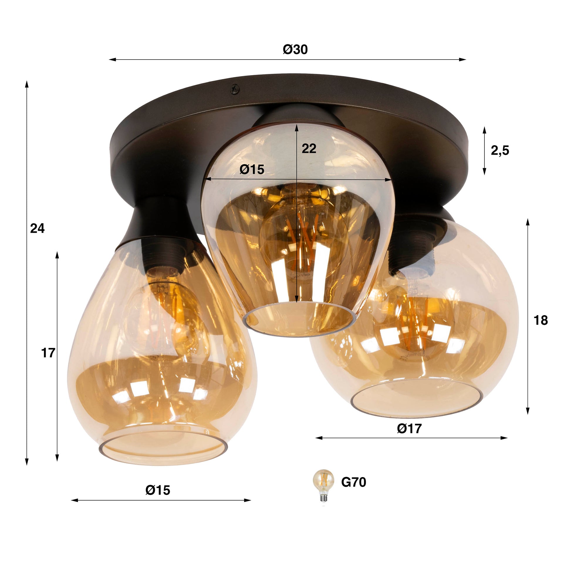 Plafondlamp Mix 3-lichts / Amber glas