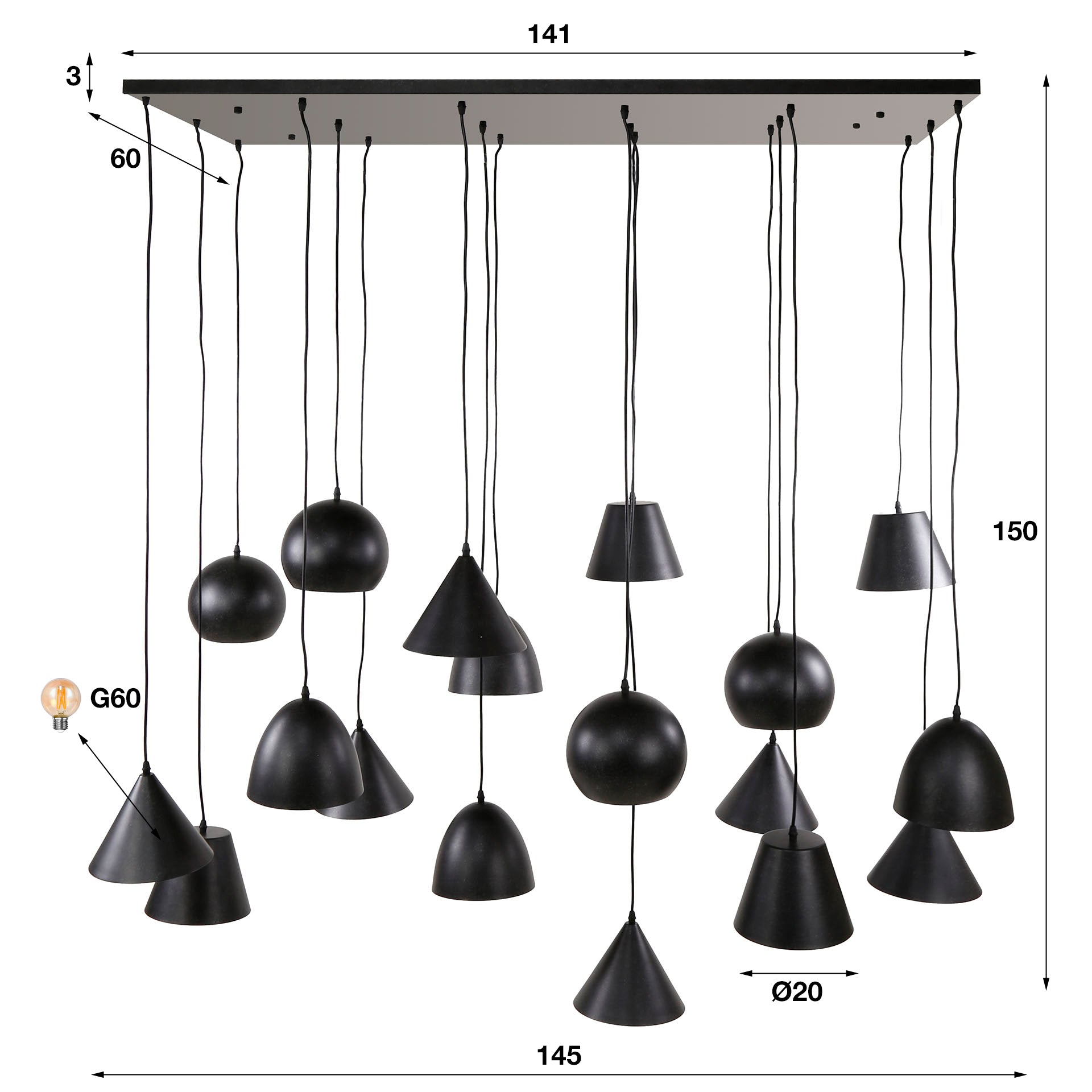 Hanglamp Metal Xxl 6 6 6 Lichts Artic Zwart