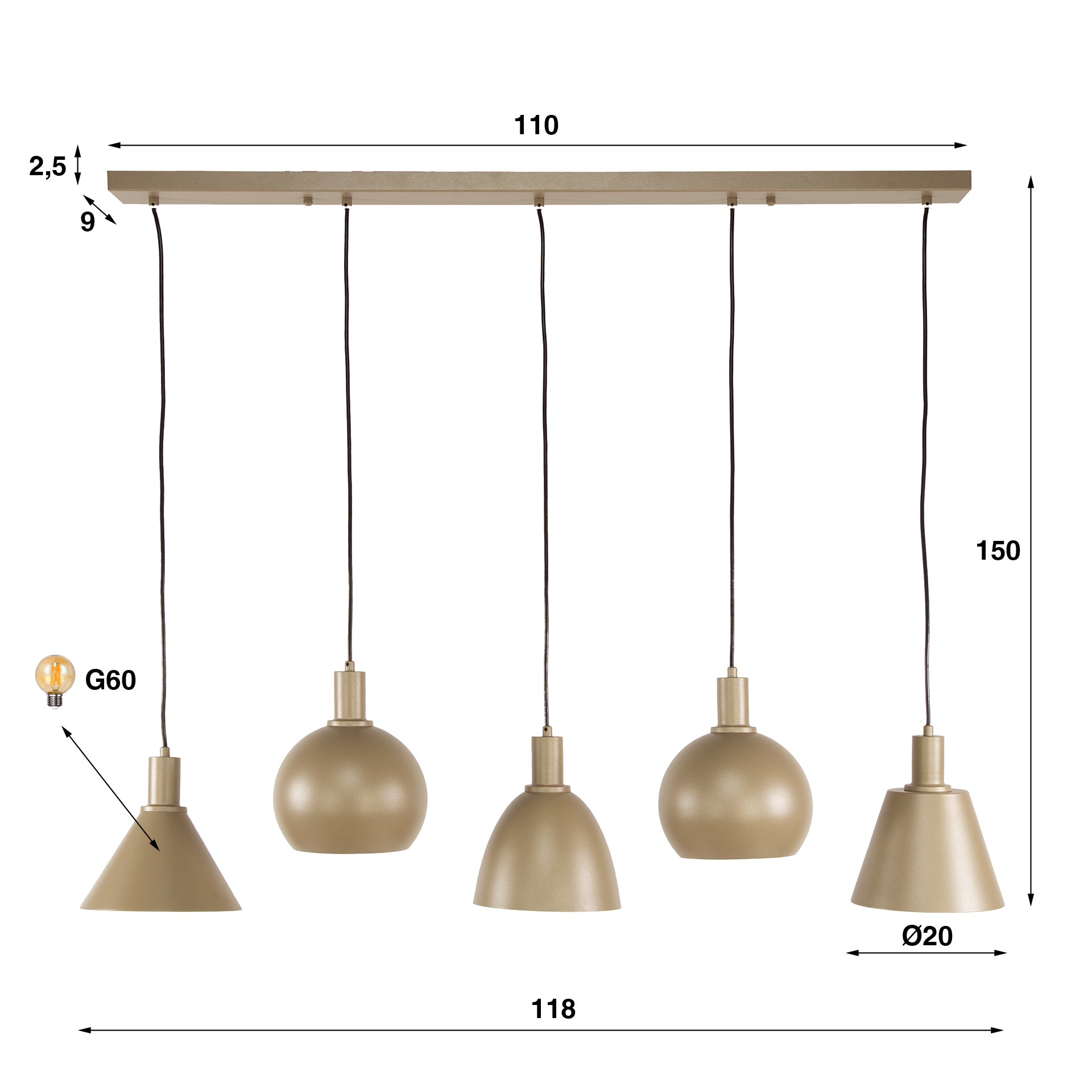 Hanglamp Metallo 5 Lichts Beige