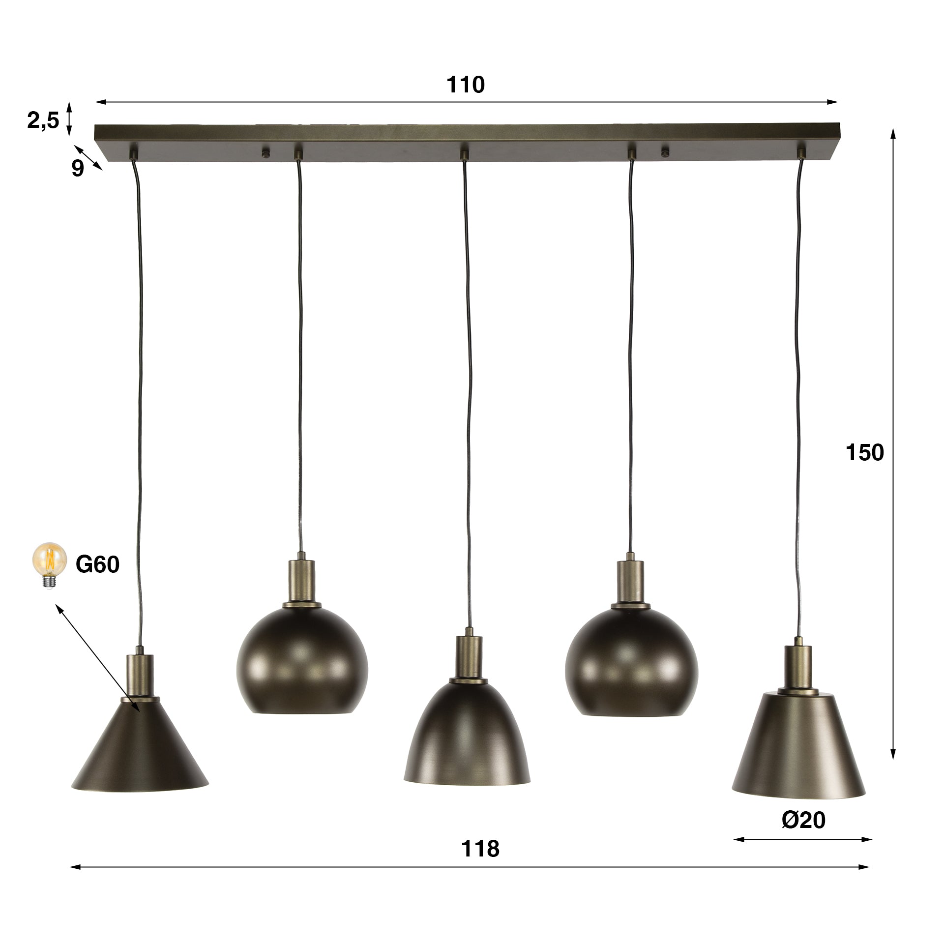 Hanglamp Metallo 5 Lichts Sienna Bruin
