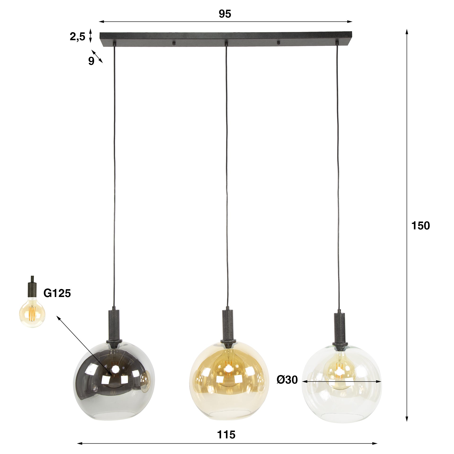 Hanglamp Sfera Tricolore 3 Lichts Artic Zwart