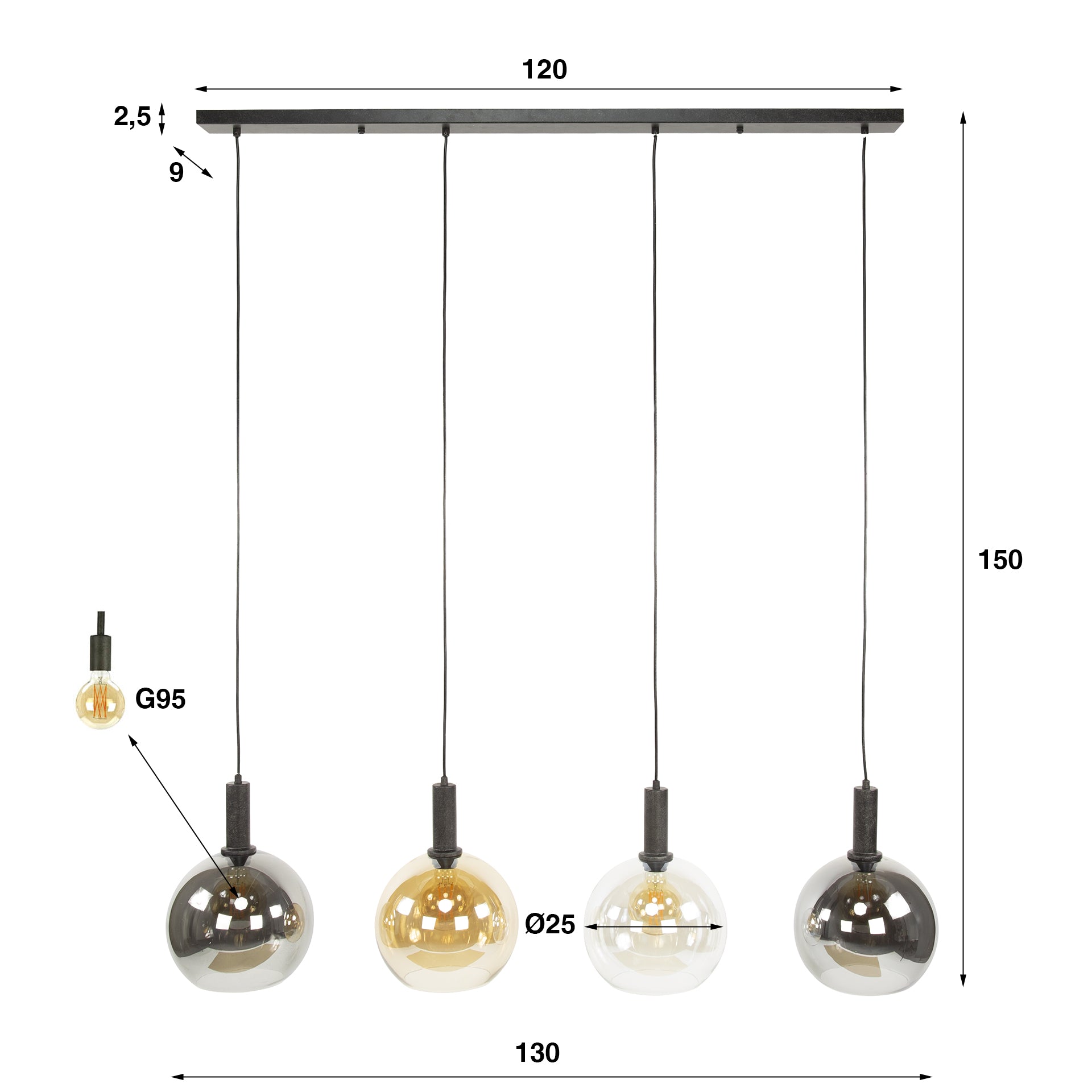 Hanglamp Sfera Tricolore 4 Lichts Artic Zwart