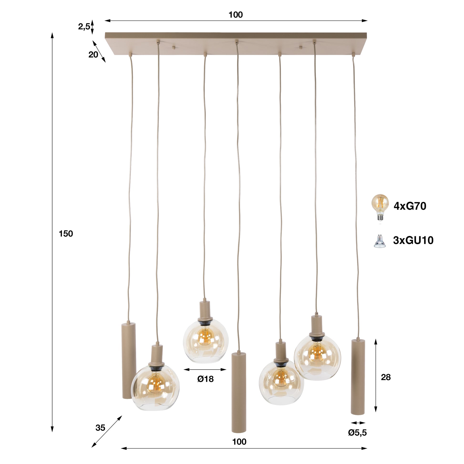 Hanglamp Sfera Tricolore 4+3-lichts / Beige