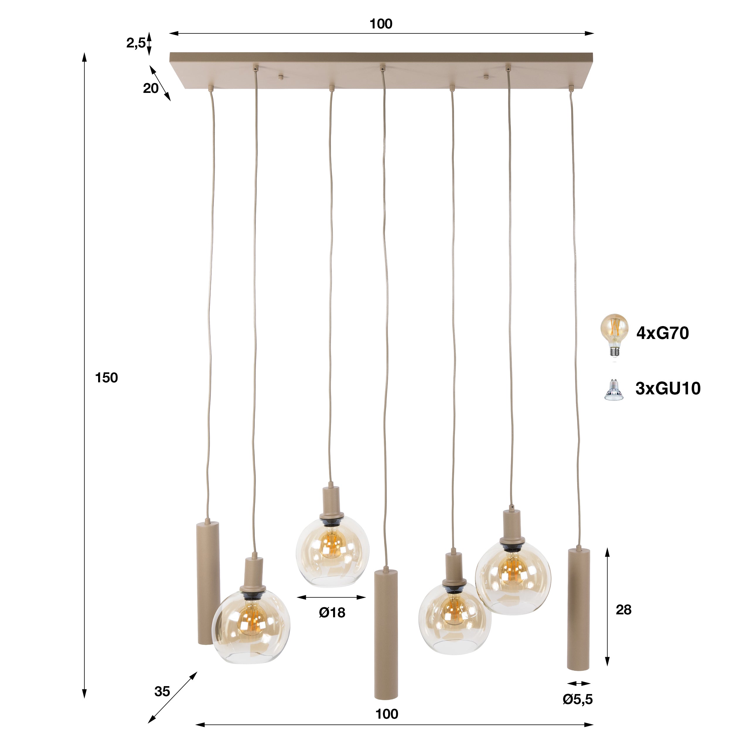 Hanglamp Sfera Tricolore 4+3-lichts / Beige
