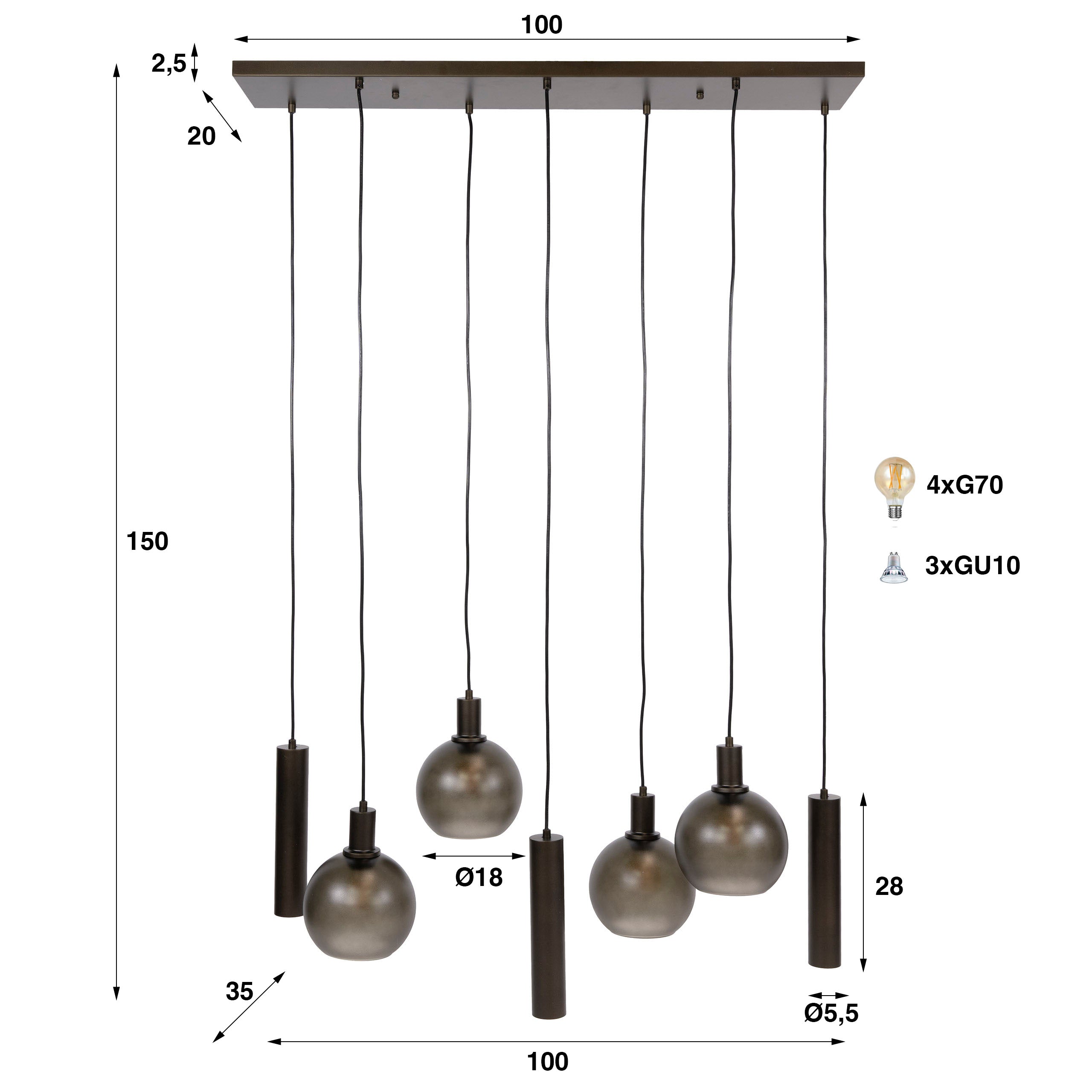 Hanglamp Sfera Tricolore 4+3-lichts / Sienna bruin-frosted
