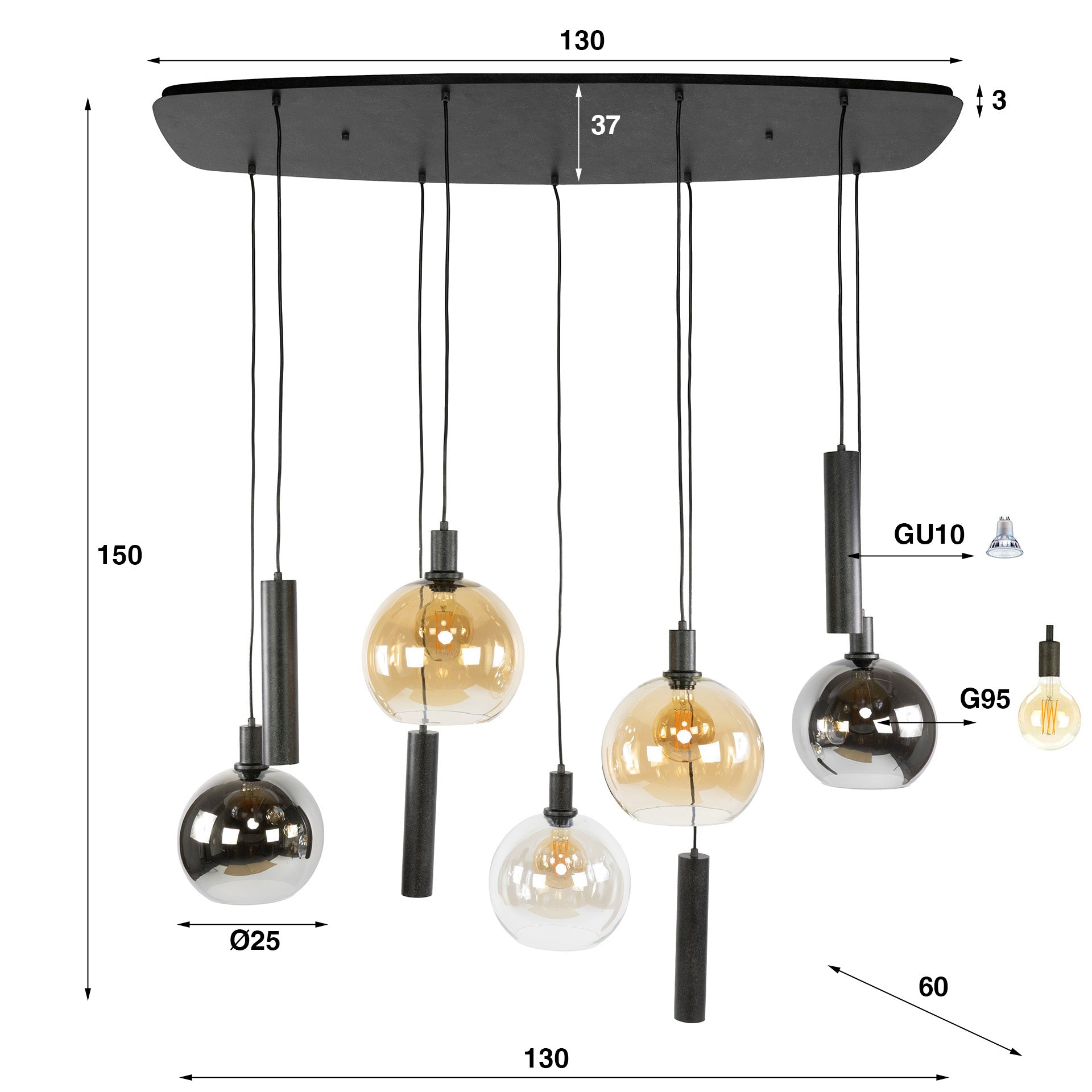 Hanglamp Sfera Tricolore 5 4 Lichts Artic Zwart