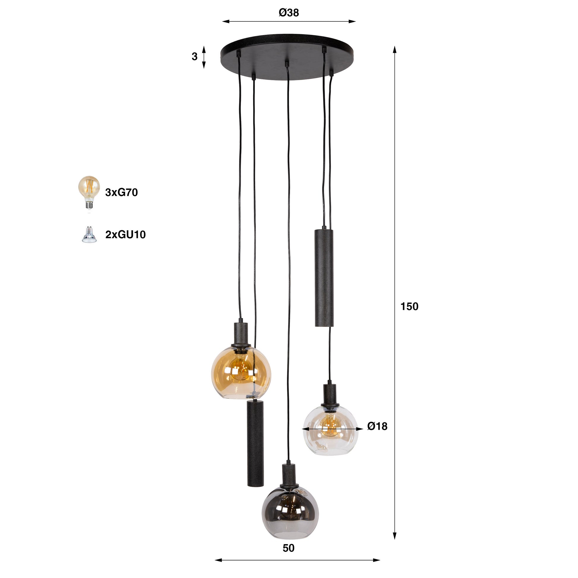 Hanglamp Sfera Tricolore getrapt 5-lichts / Artic zwart
