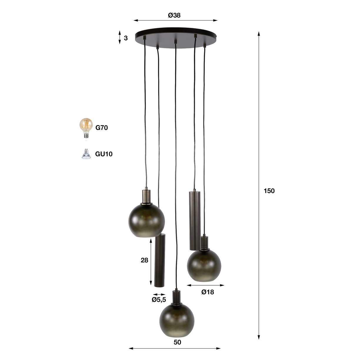 Hanglamp Sfera Tricolore getrapt 5-lichts / Sienna bruin-frosted