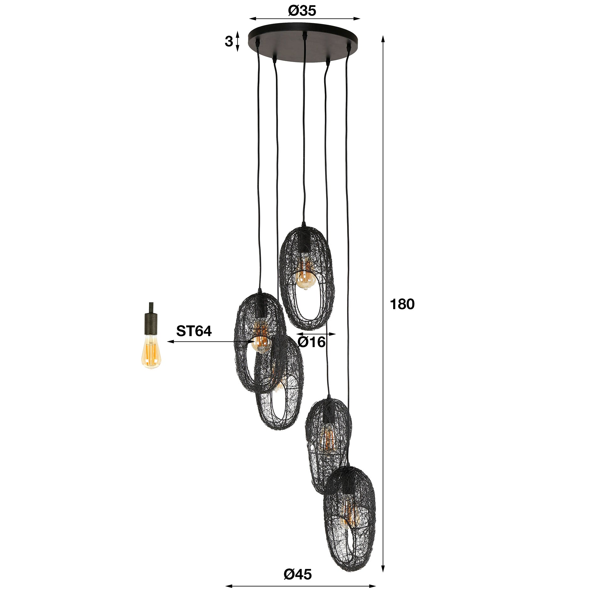 Hanglamp Open Eye 5 Lichts Artic Zwart