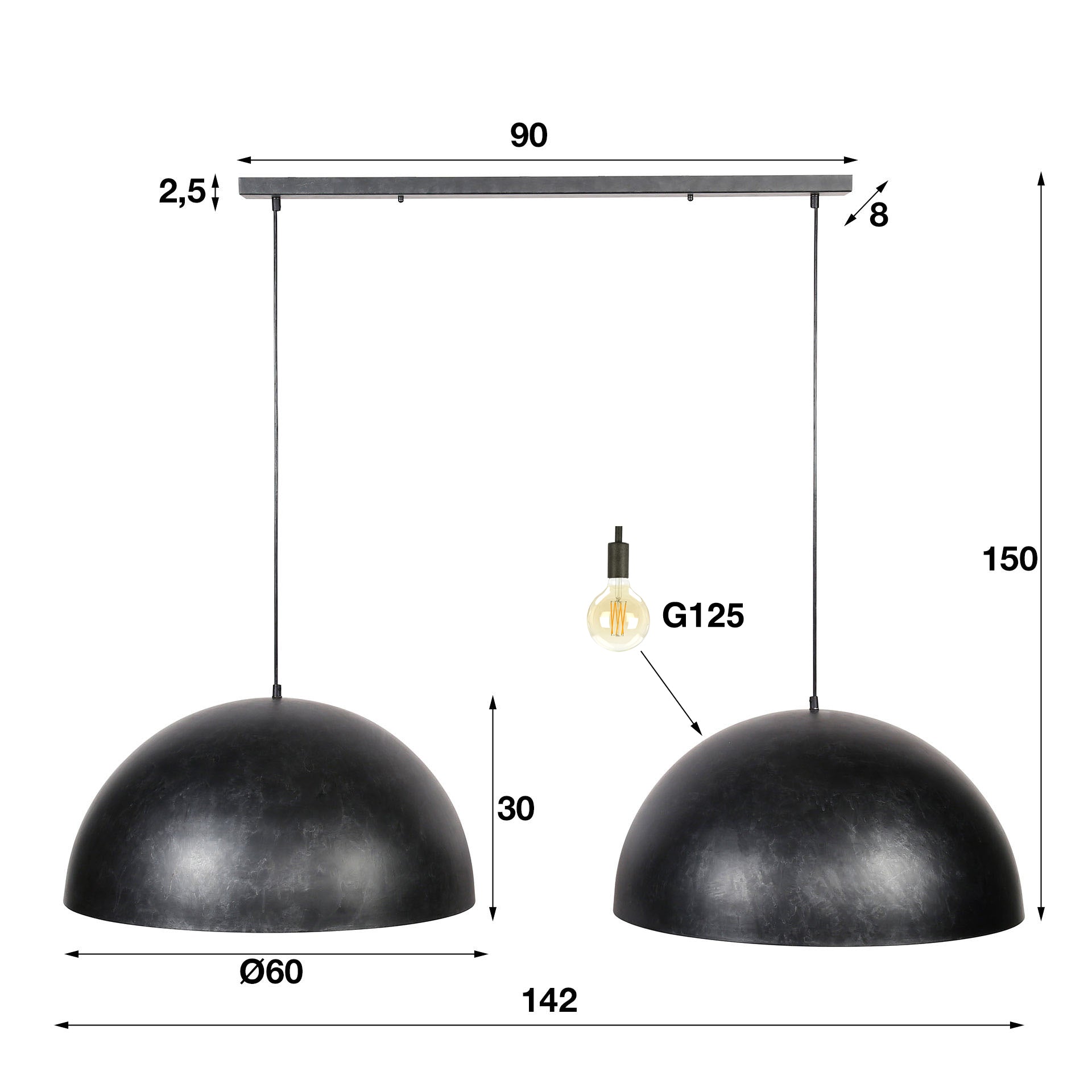 Hanglamp Dome 2 Lichts O60Cm Charcoal