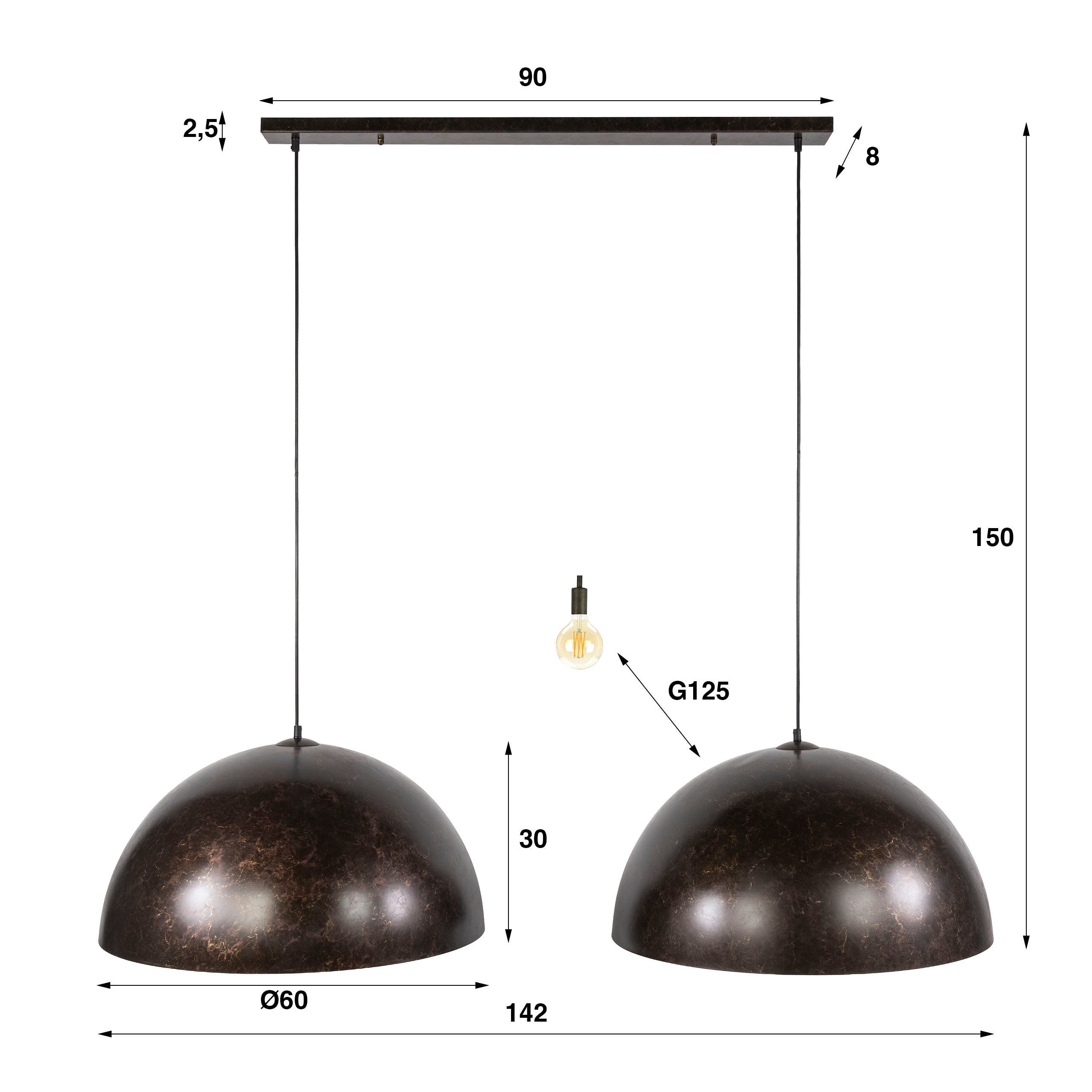 Hanglamp Dome 2 Lichts O60Cm Urban Bruin