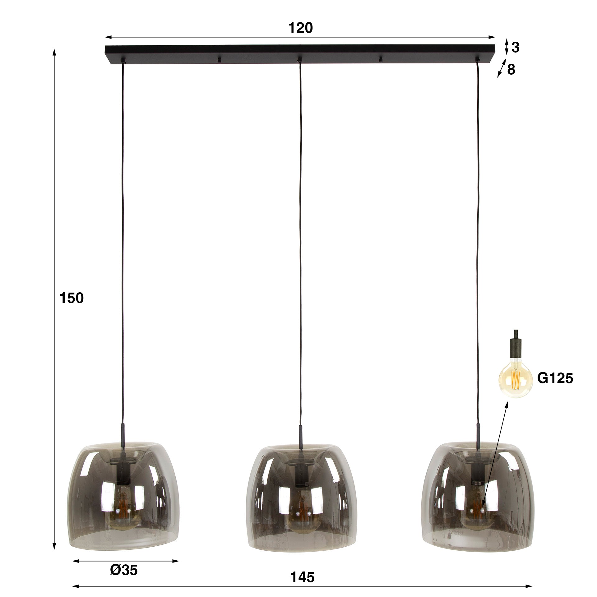 Hanglamp Drift Glass 3 Lichts Smoke Grey Glas