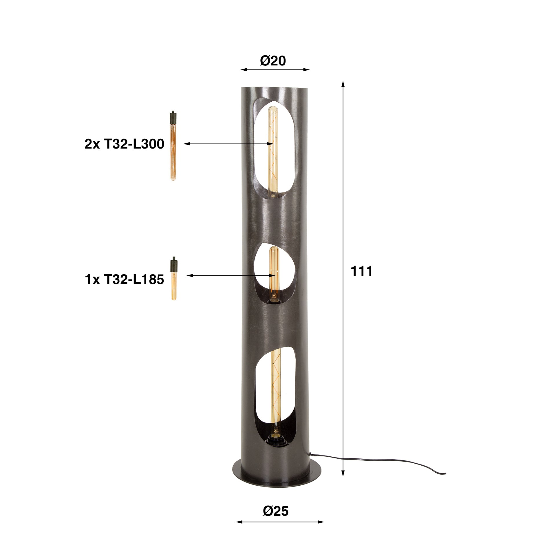 Vloerlamp Organic Cylinder 3 Lichts Zwart Nikkel