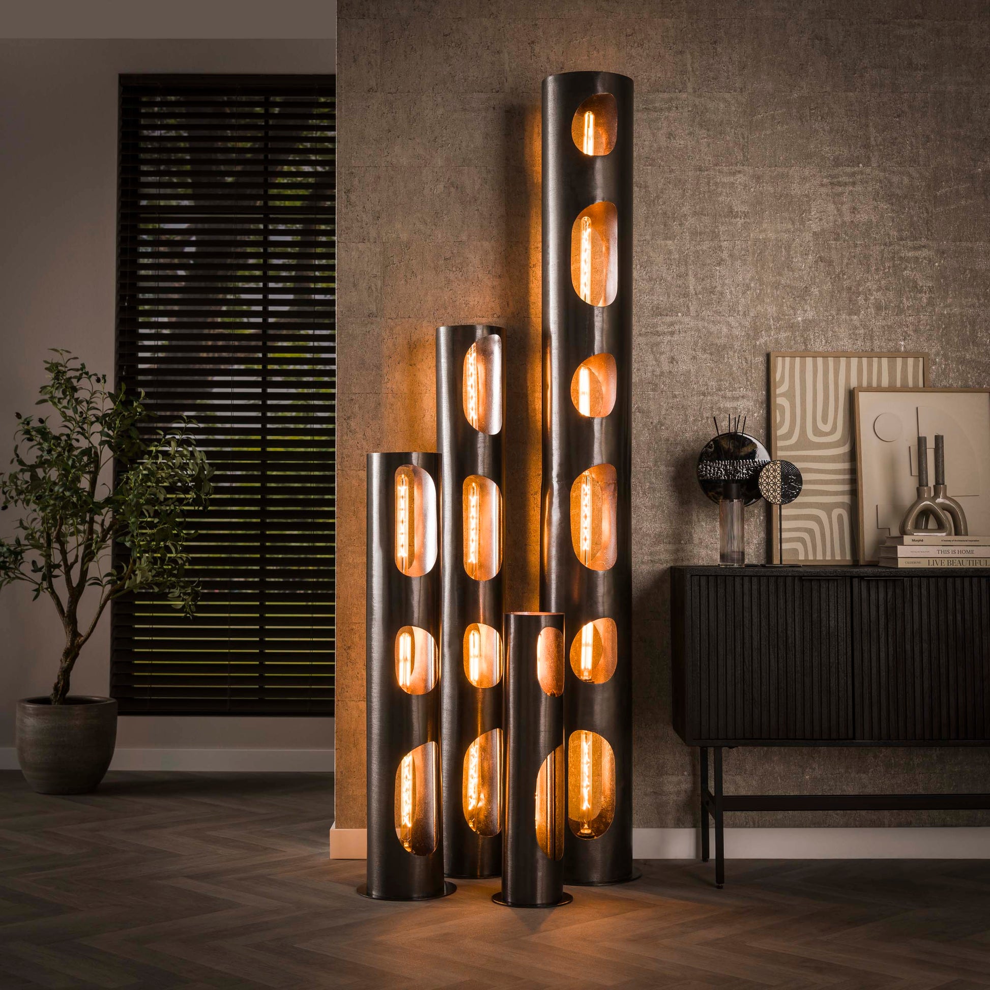 Vloerlamp Organic Cylinder 4-lichts / Zwart nikkel