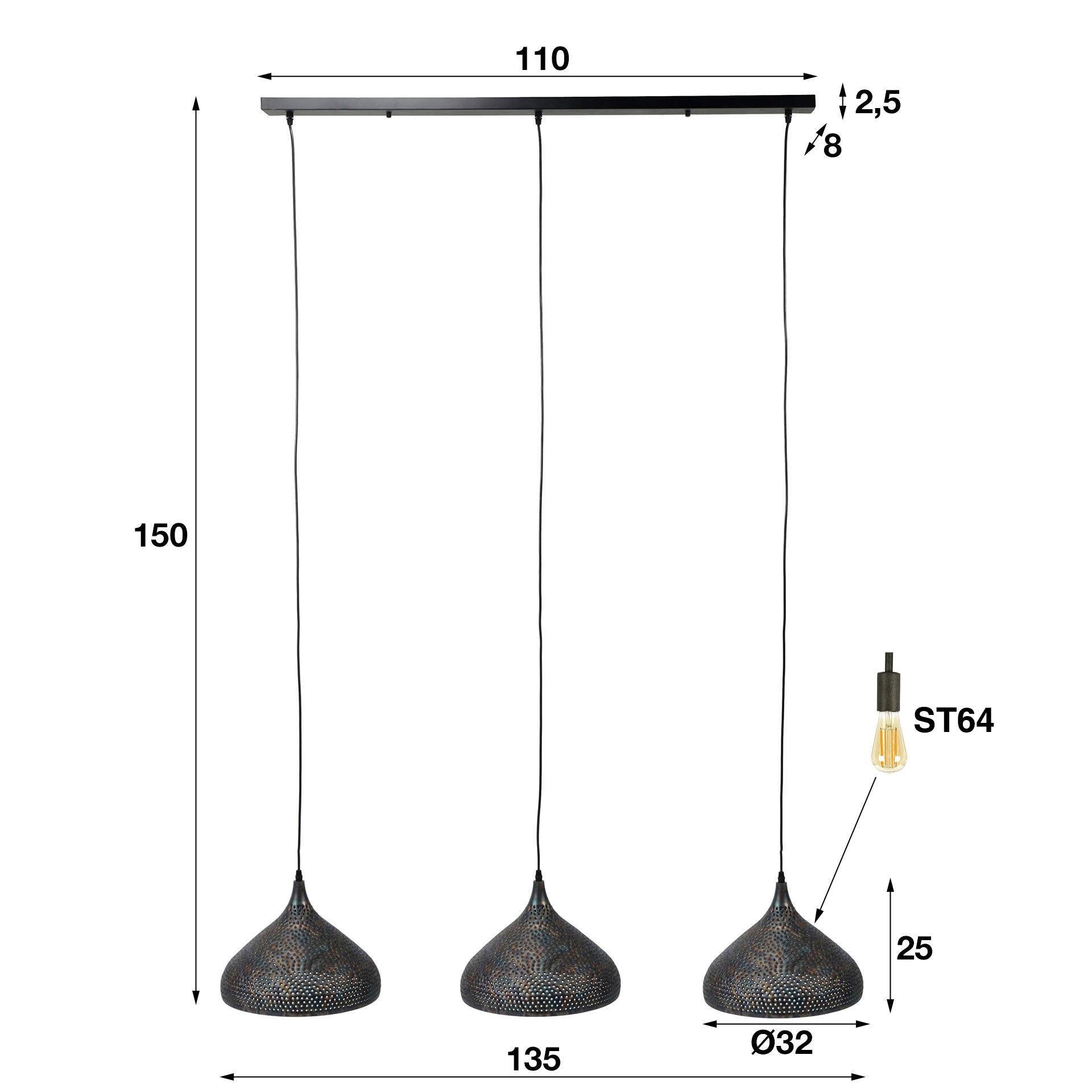 Hanglamp Punch 3 Lichts Zwart Bruin