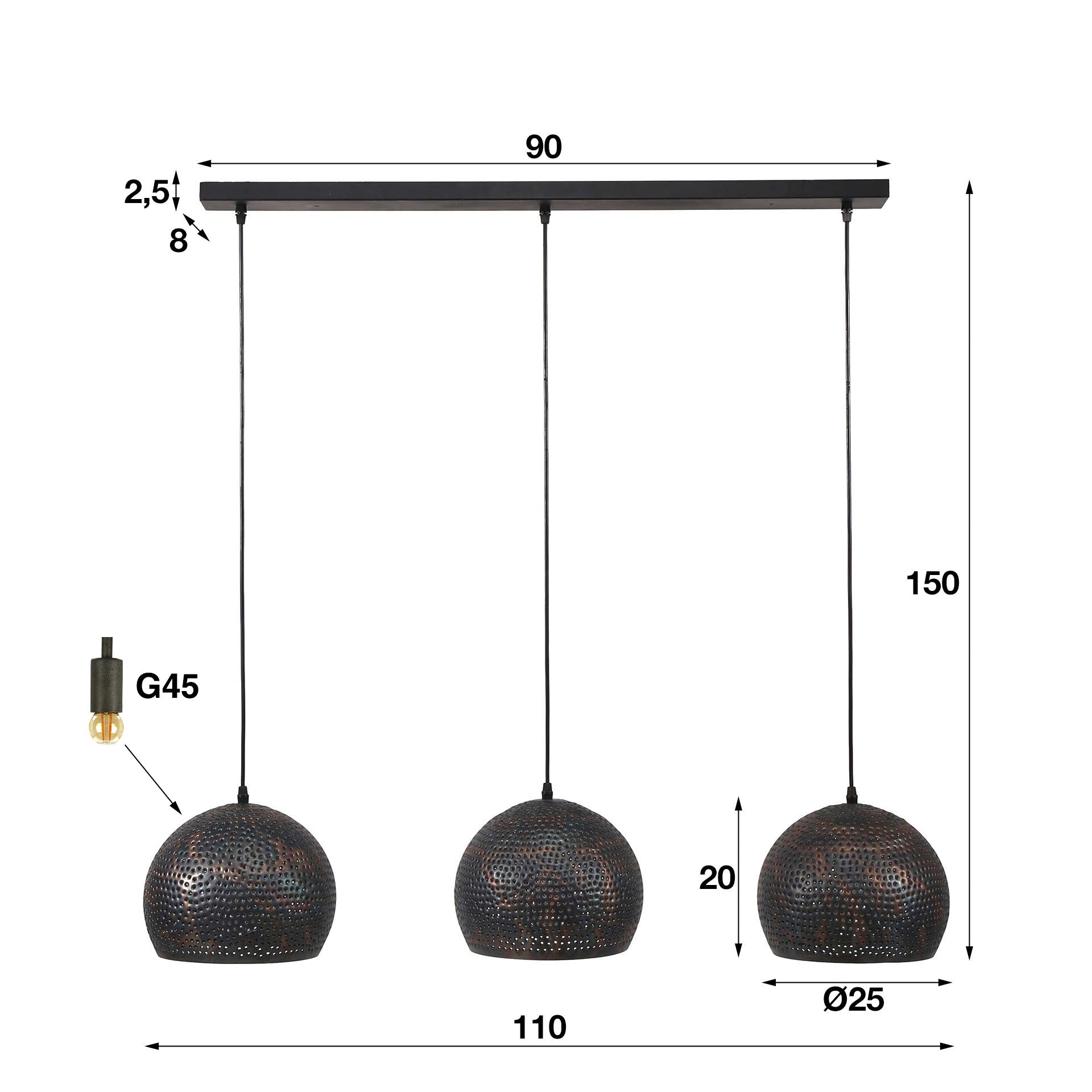 Hanglamp Punch Orb 3 Lichts Zwart Bruin