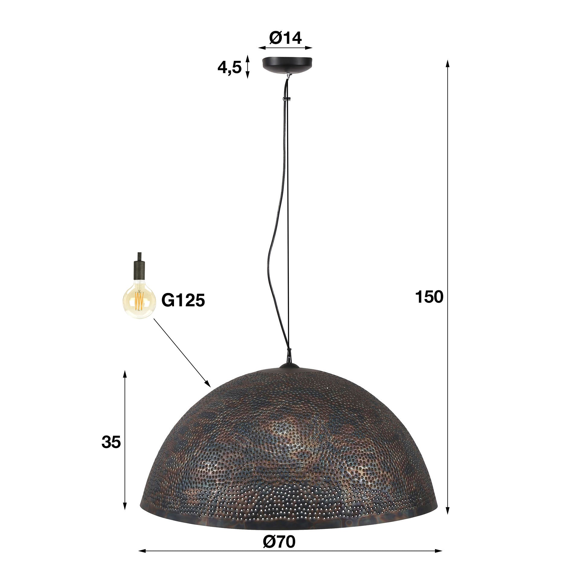 Hanglamp Punch 1 Lichts O70Cm Zwart Bruin