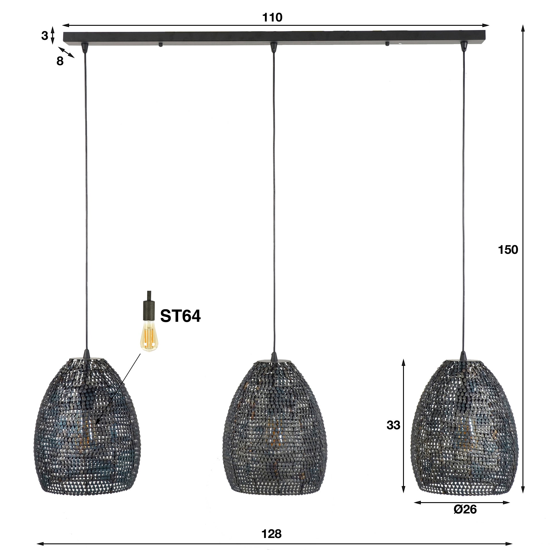 Hanglamp Armor Oval 3 Lichts Zwart Bruin