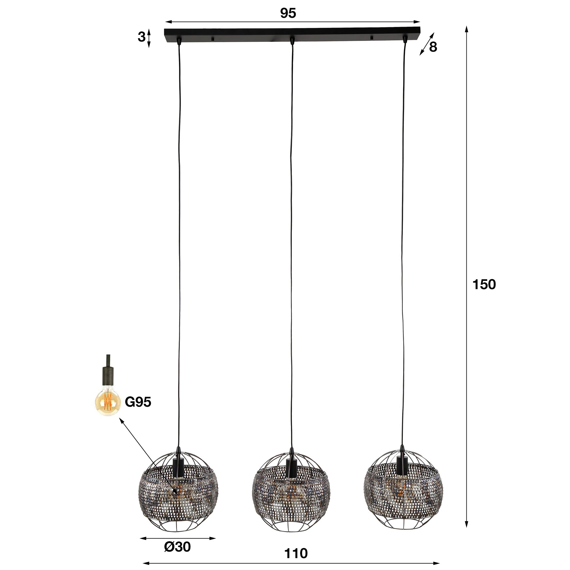 Hanglamp Armor Open 3 Lichts Zwart Bruin