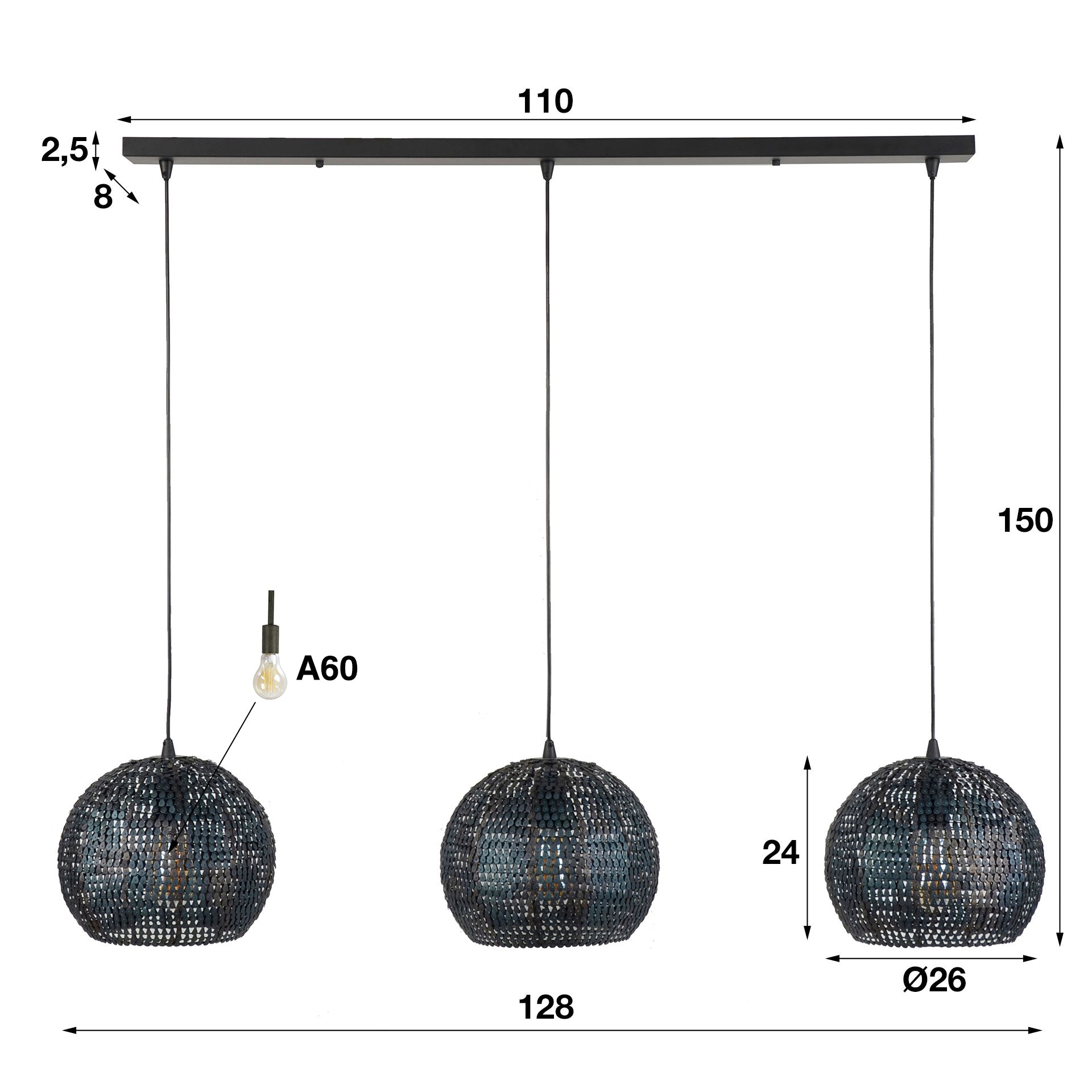 Hanglamp Armor Orb 3 Lichts Zwart Bruin