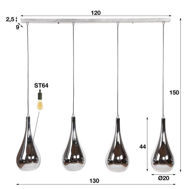 Hanglamp 4L silver drop glass