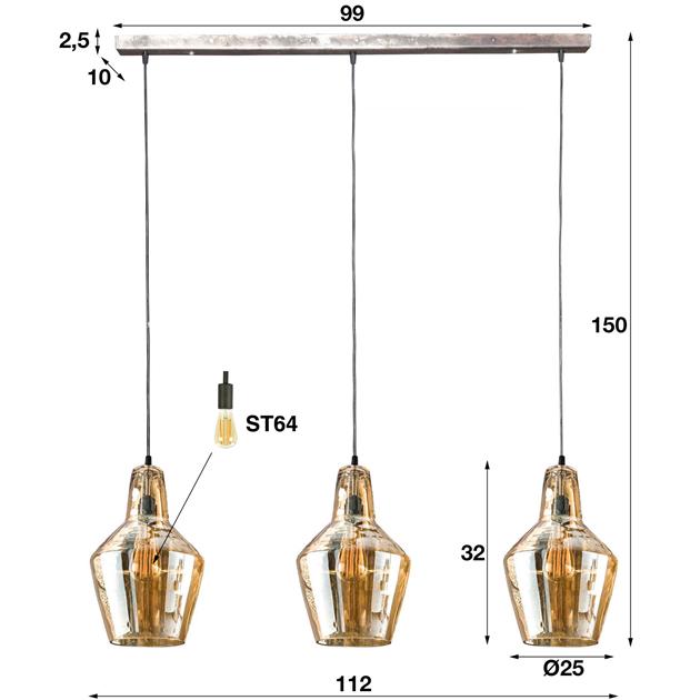 Hanglamp 3L amber glas kegel